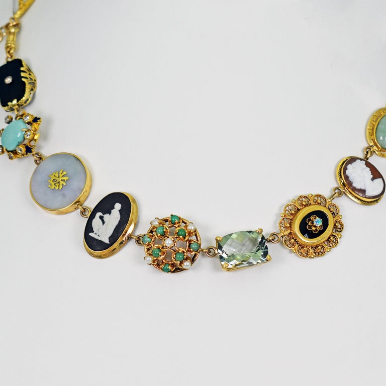 Jade, Onyx and Opal Multi-Gemstone 14 Karat Gold Bohemian Link Necklace For Sale 1