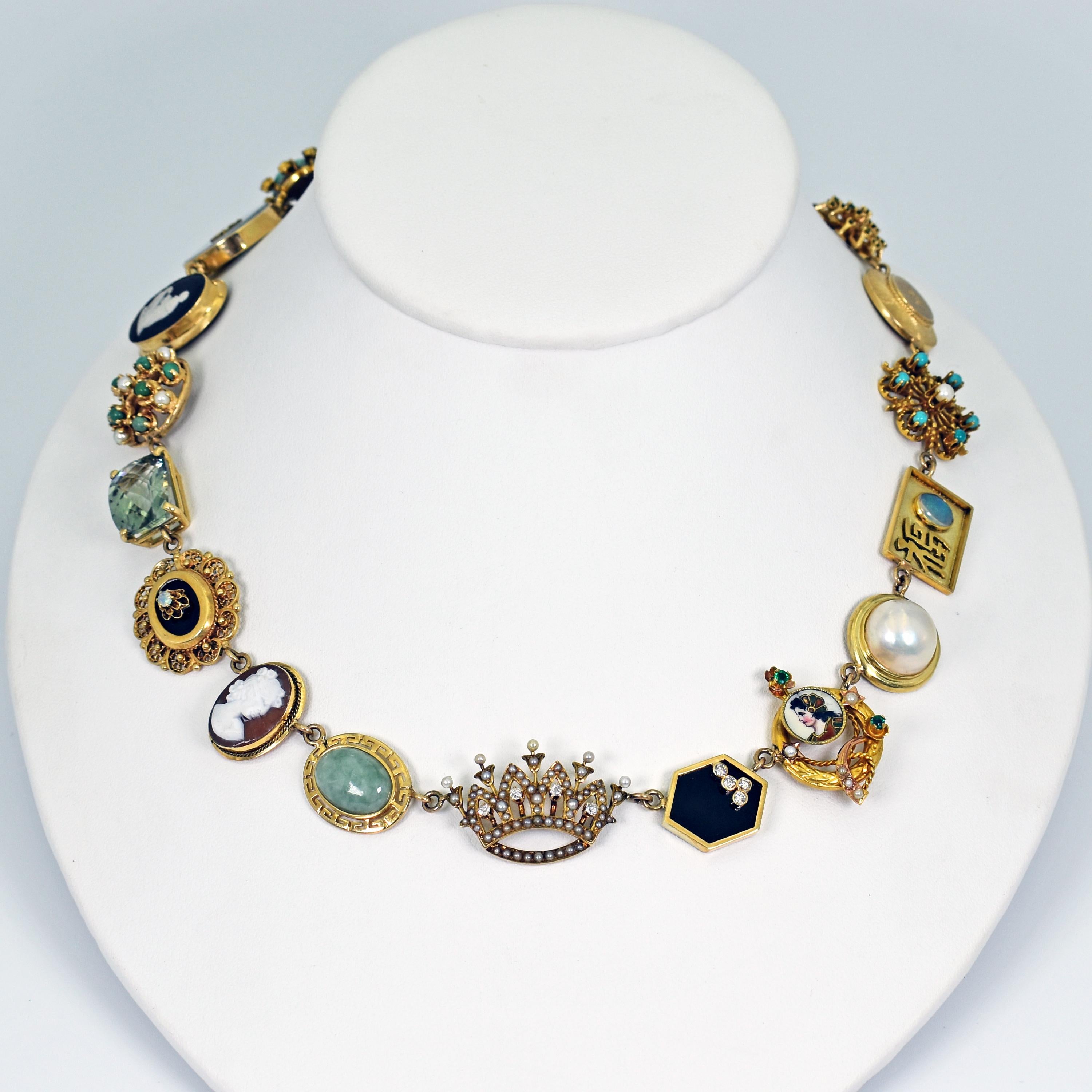 Jade, Onyx and Opal Multi-Gemstone 14 Karat Gold Bohemian Link Necklace For Sale 1