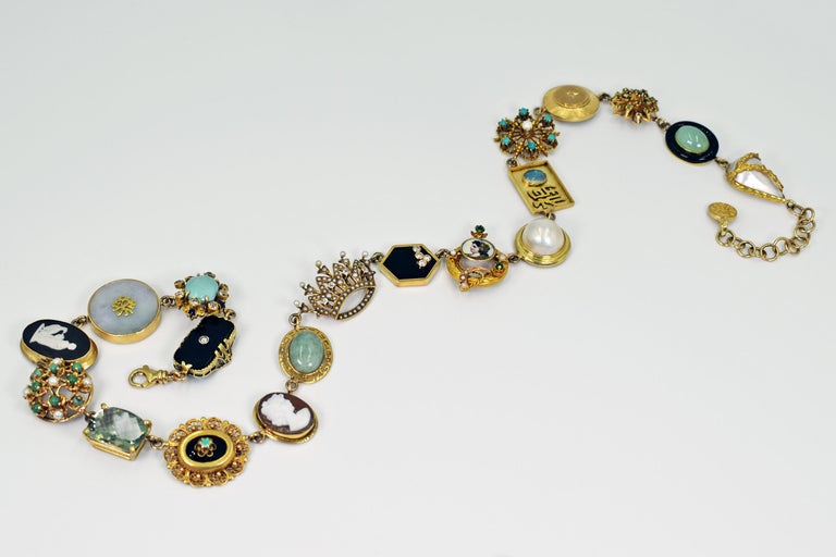 Jade, Onyx and Opal Multi-Gemstone 14 Karat Gold Bohemian Link Necklace For Sale 3