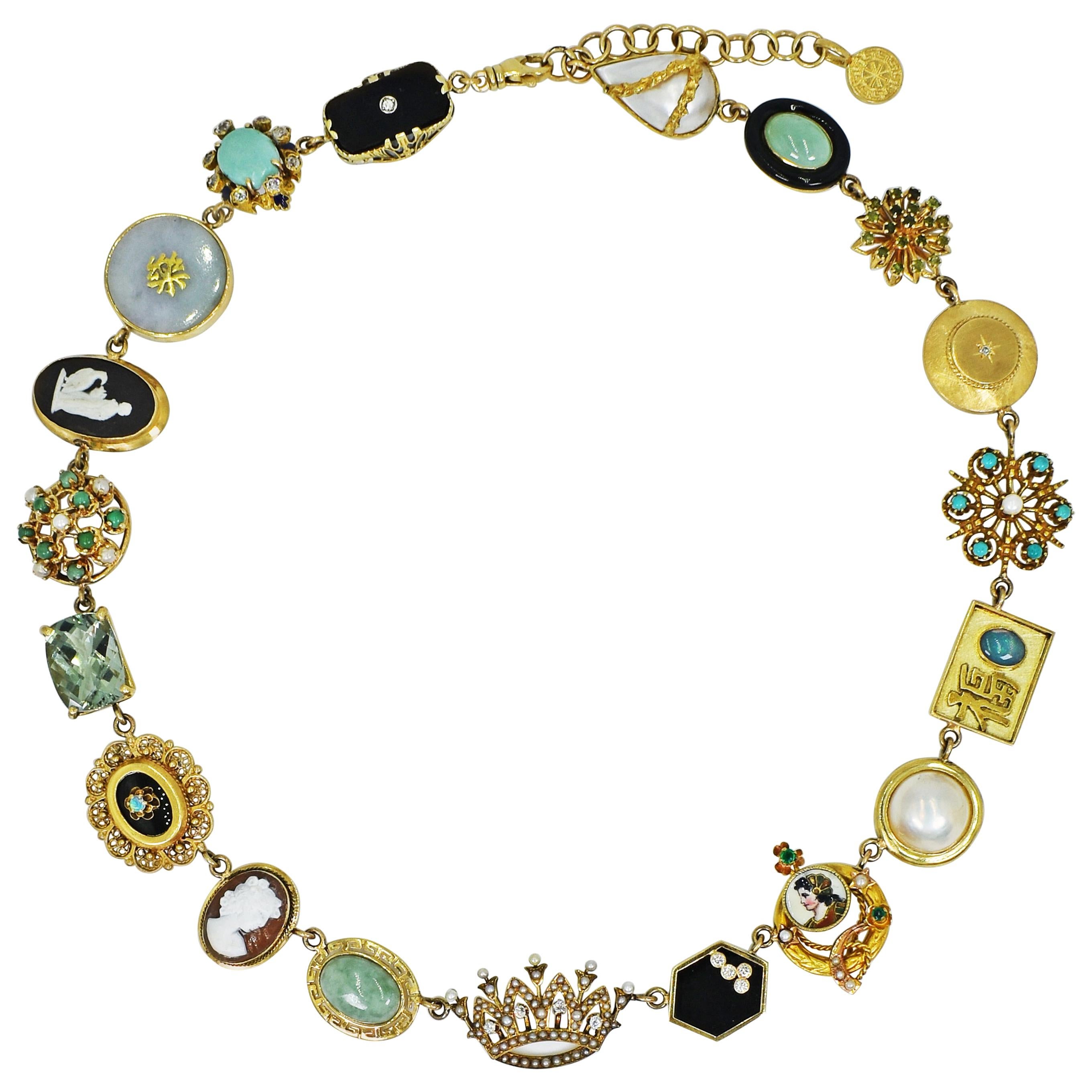 Jade, Onyx and Opal Multi-Gemstone 14 Karat Gold Bohemian Link Necklace