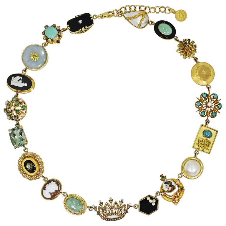 Jade, Onyx and Opal Multi-Gemstone 14 Karat Gold Bohemian Link Necklace For Sale