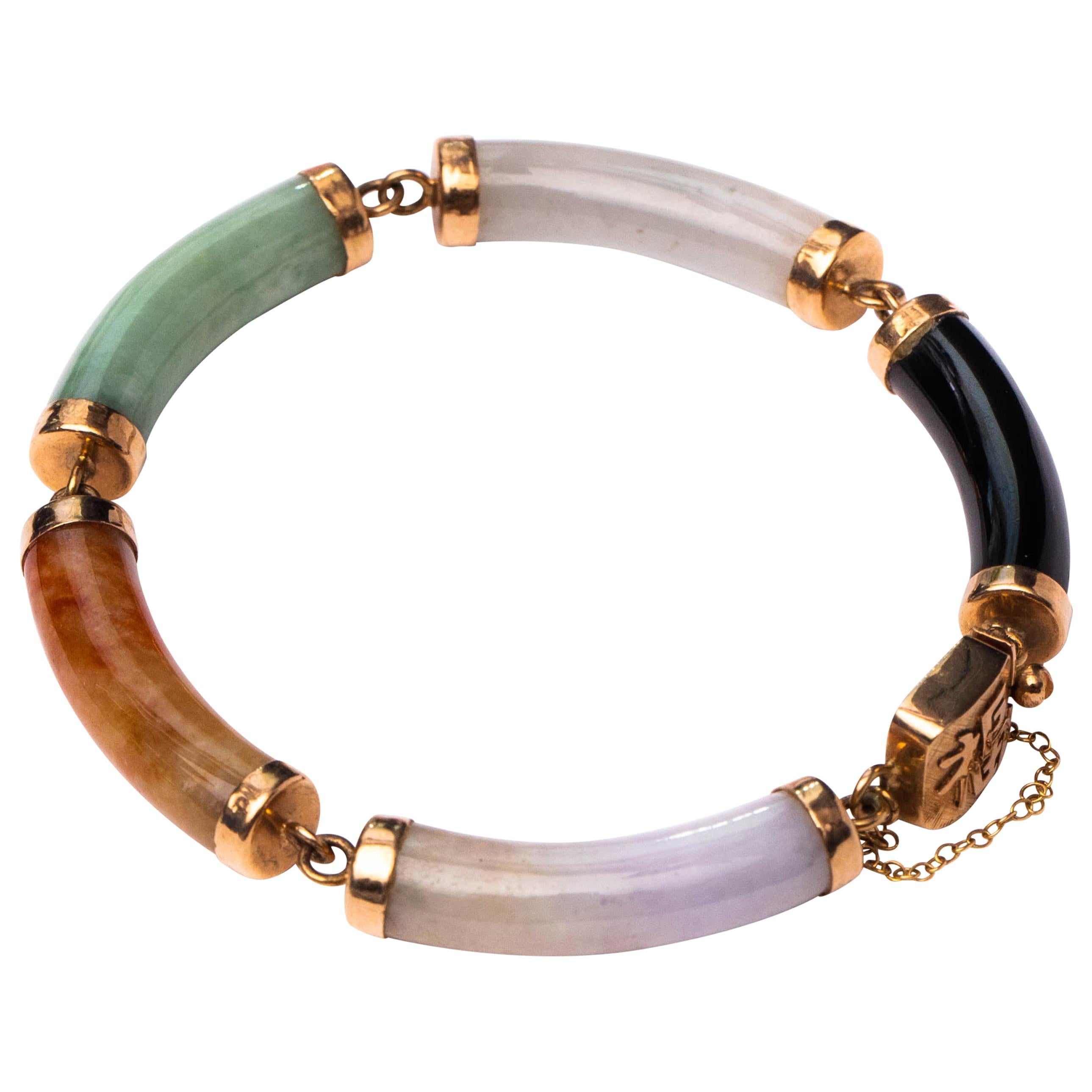 Jade, Onyx and Quartz Bracelet, 14 Karat Gold