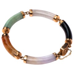 Jade, Onyx and Quartz Bracelet, 14 Karat Gold