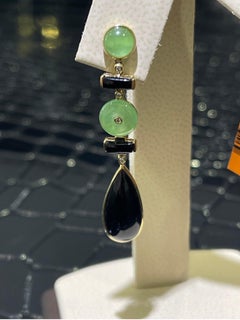 Jade, Onyx & Diamond Drop Earrings In 14k
