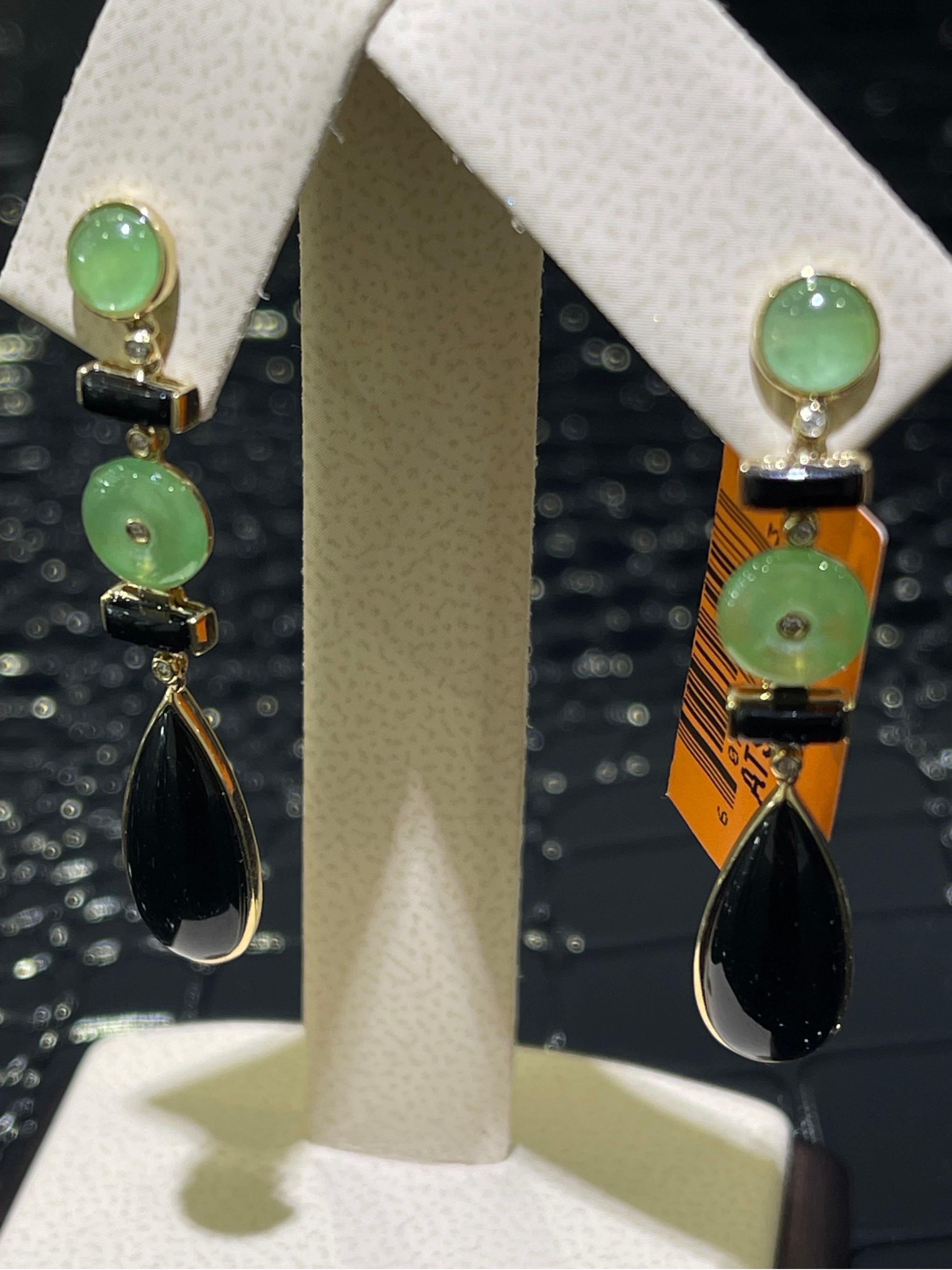 Pear Cut Jade, Onyx & Diamond Drop Earrings In 14k For Sale
