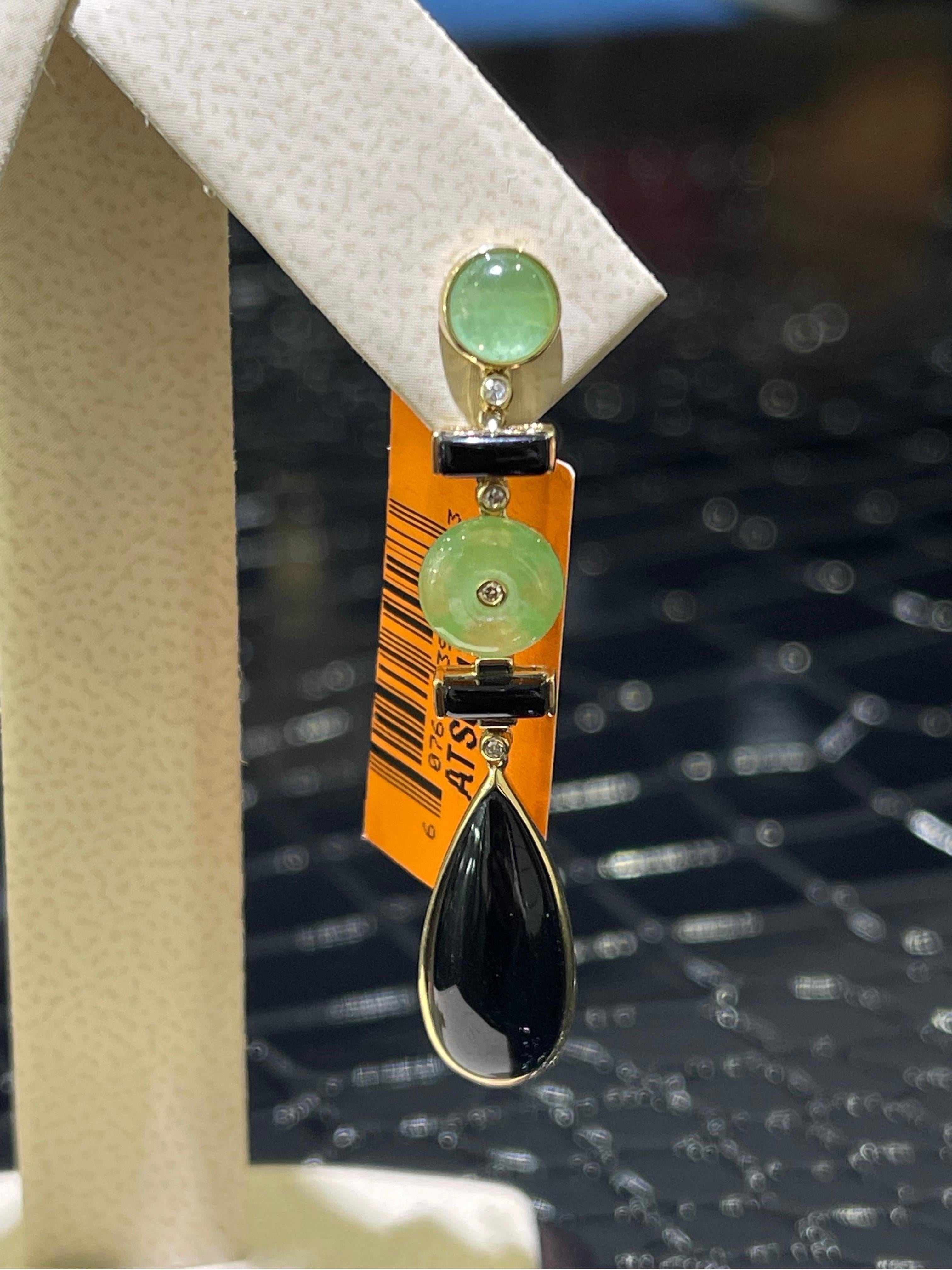 Jade, Onyx & Diamond Drop Earrings In 14k In New Condition For Sale In Fort Lauderdale, FL