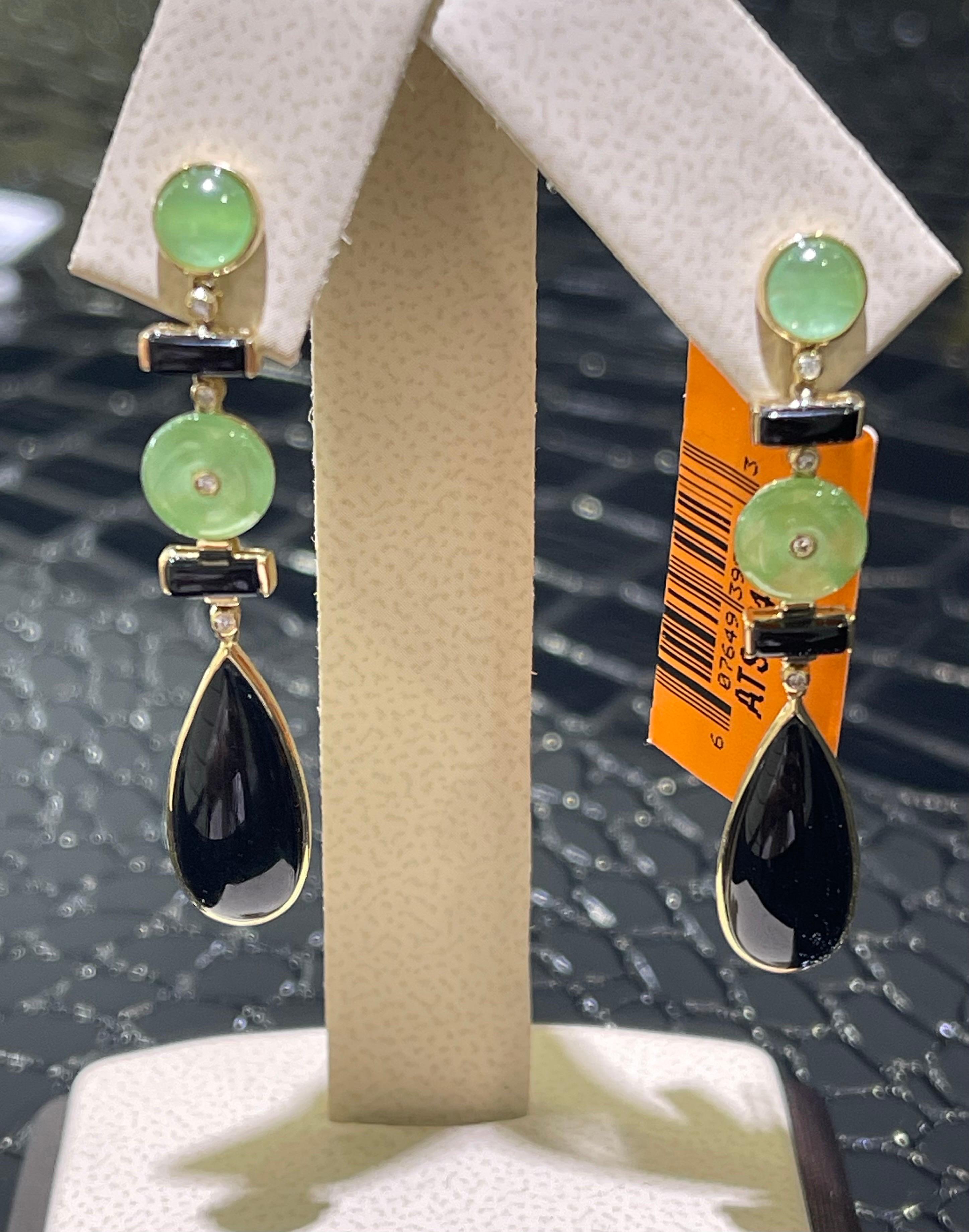 Women's Jade, Onyx & Diamond Drop Earrings In 14k For Sale