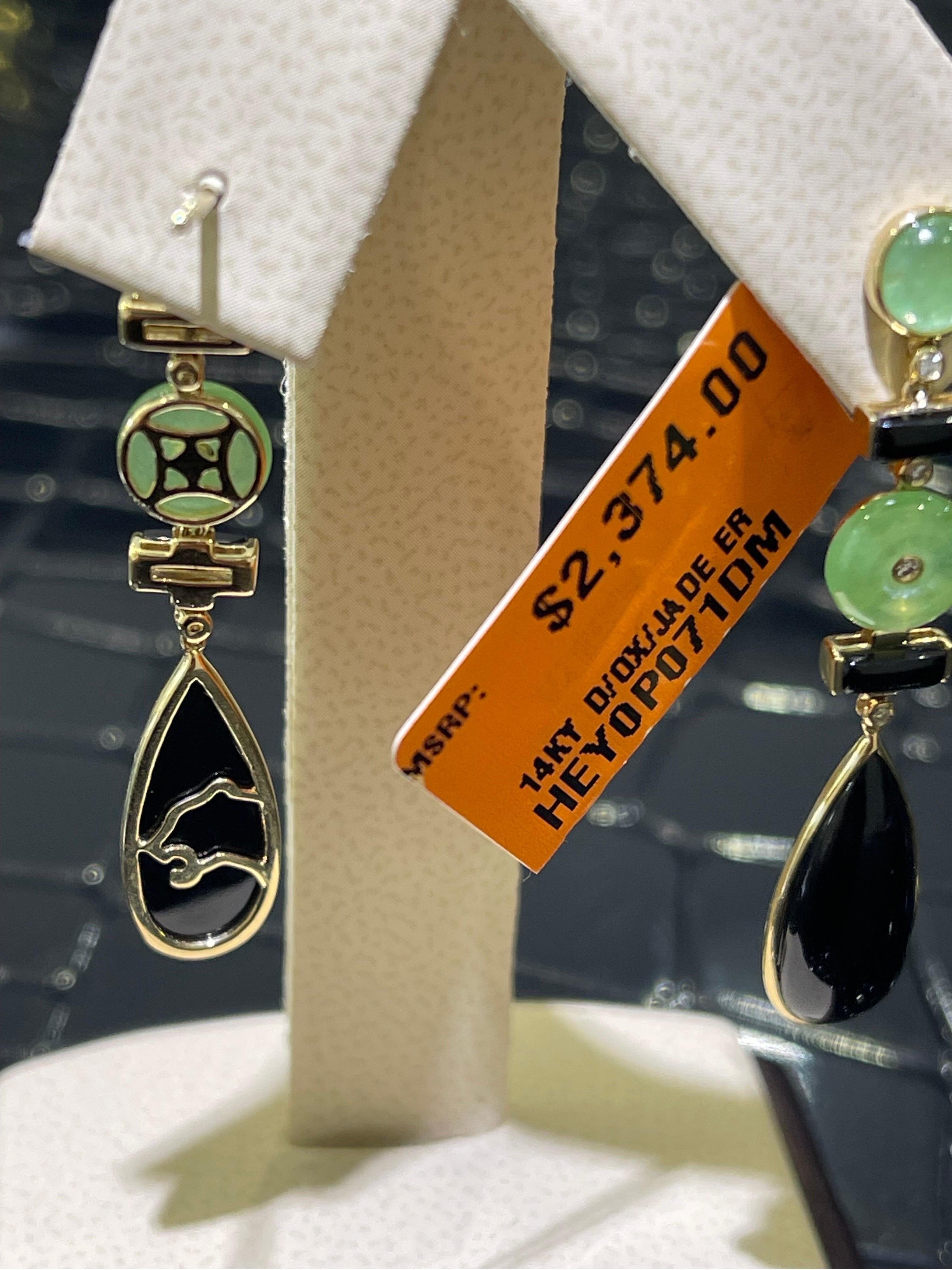Jade, Onyx & Diamond Drop Earrings In 14k For Sale 1