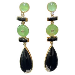 Pendants d'oreilles en Jade, Onyx et Diamant en 14k