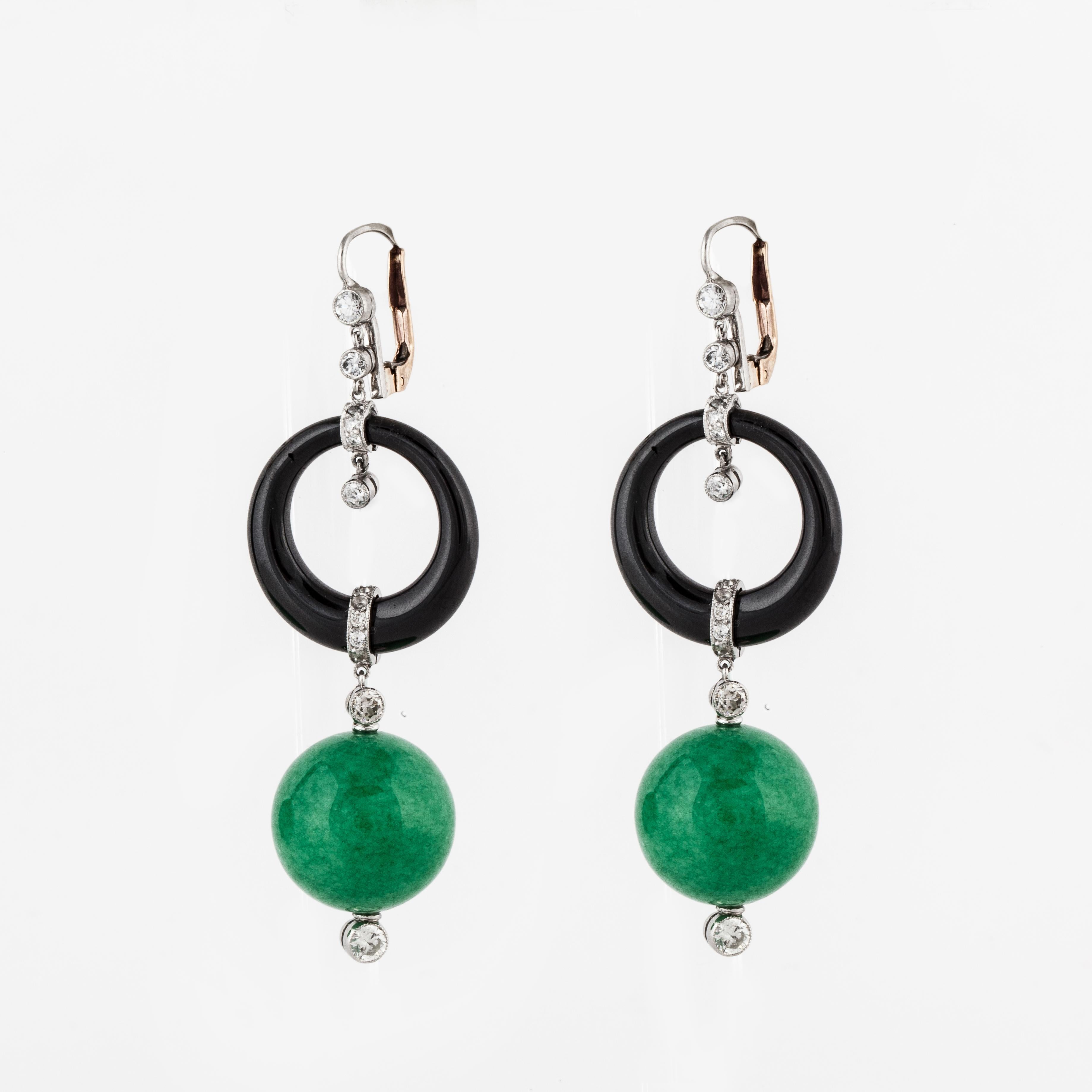 Mixed Cut Jade Onyx and Diamond Drop Earrings in 18K Gold and Platinum For Sale