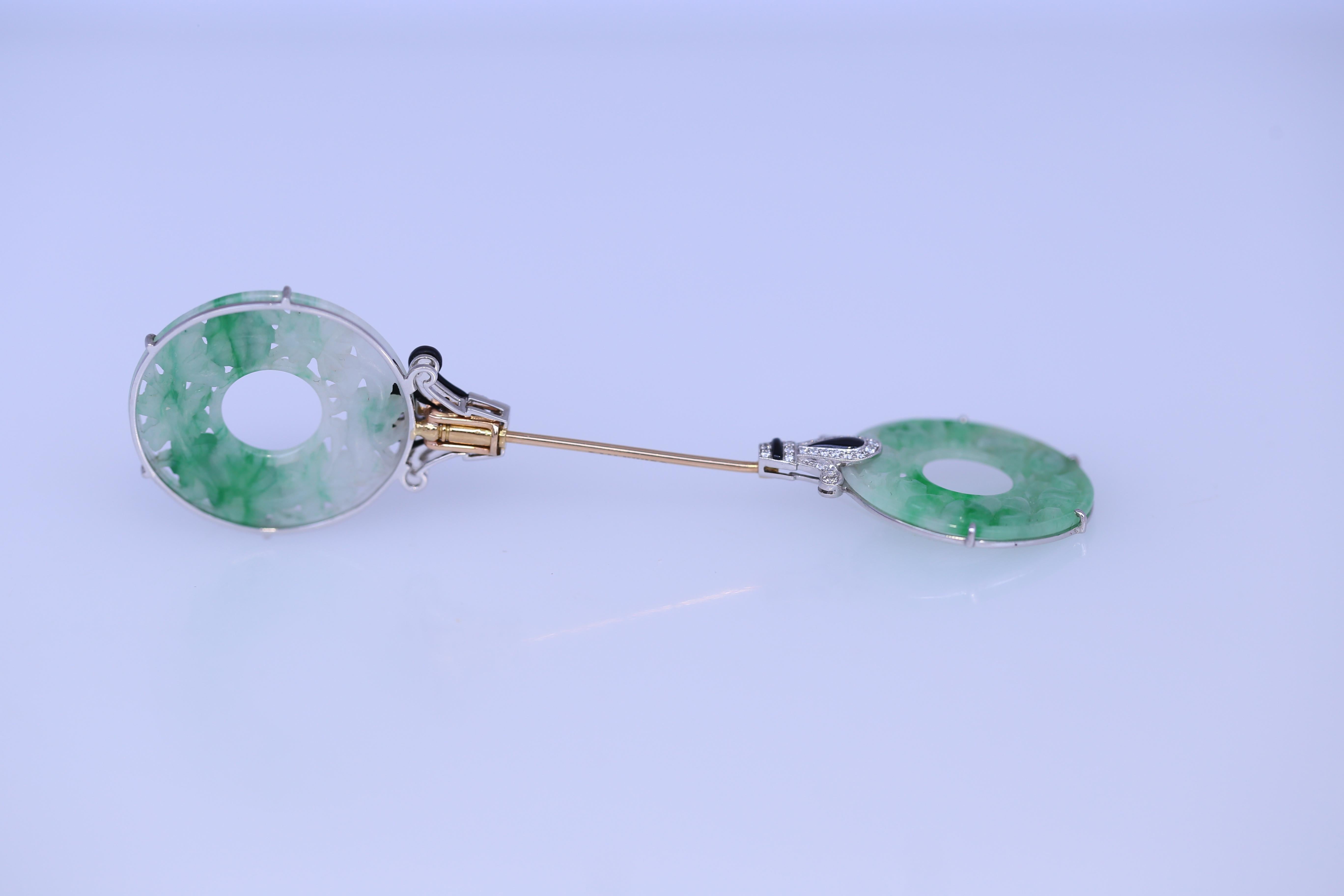 Jade Onyx Diamonds Brooch Pin, 1925 For Sale 2