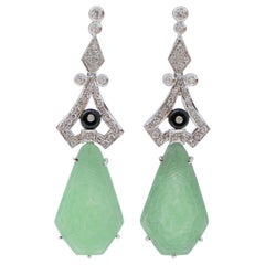 Jade, Onyx, Diamonds, Platinum Dangle Earrings.