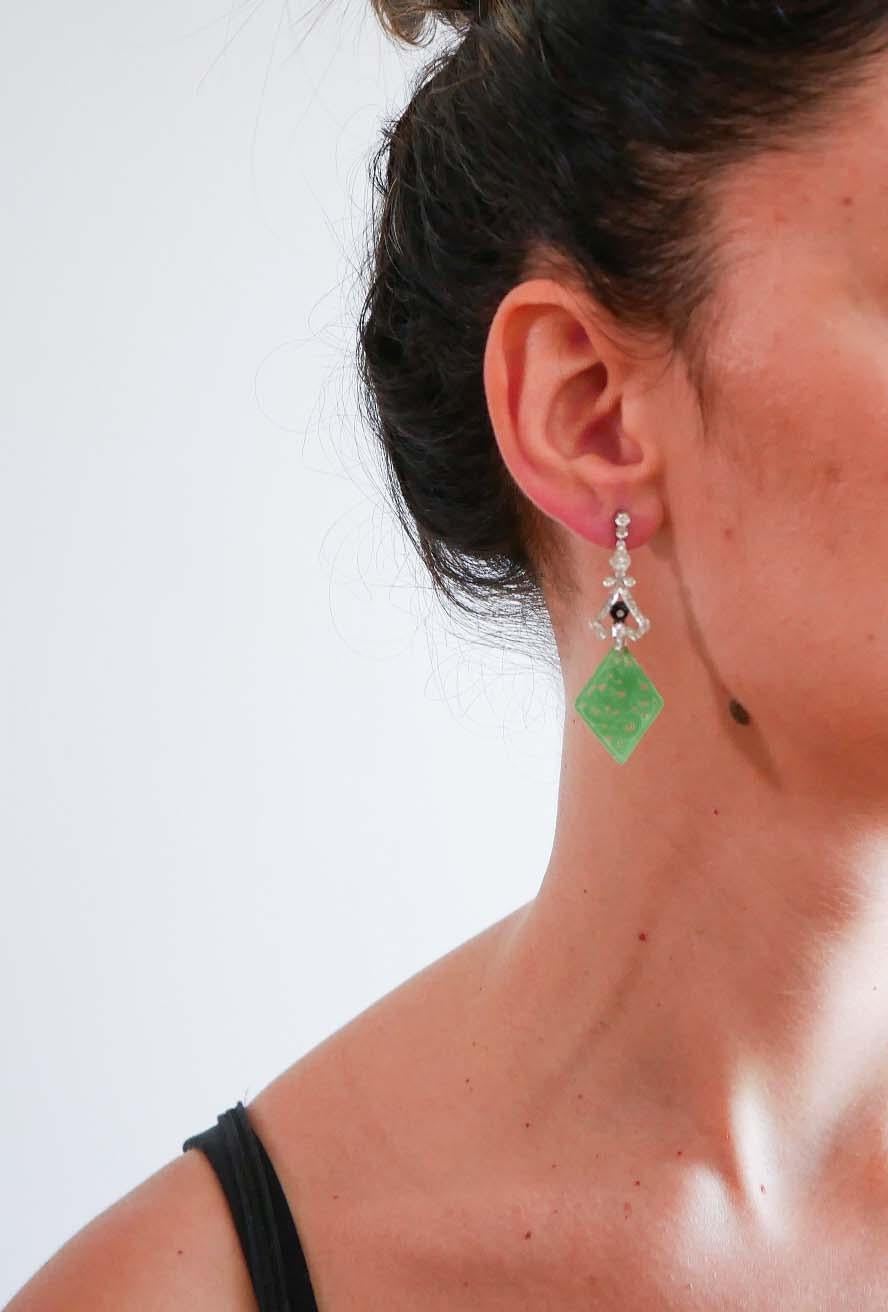 Jade, ónice, diamantes, platino Pendientes. Corte mixto en venta