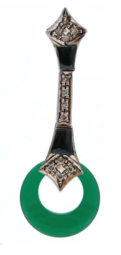 Jade, Onyx, Diamonds, Rose Gold and Silver Earrings.