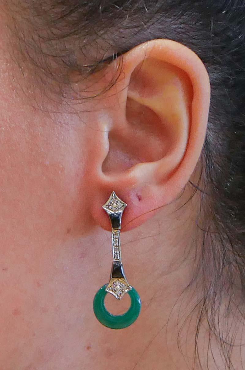 Jade, Onyx, Diamonds, Rose Gold and Silver Earrings. In Good Condition For Sale In Marcianise, Marcianise (CE)