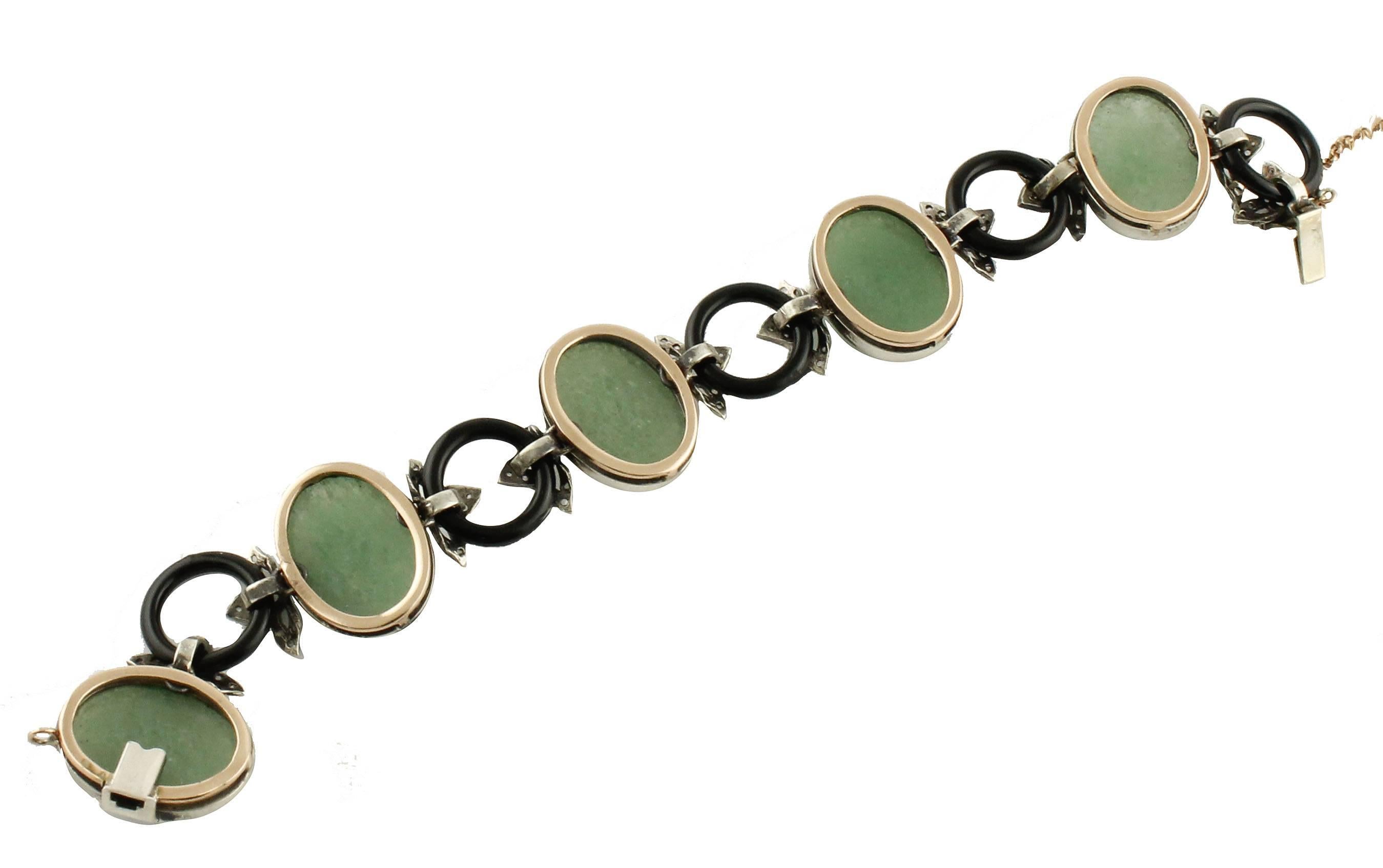 Jade Onyx Diamonds Rose Gold Silver Link Bracelet In Good Condition In Marcianise, Marcianise (CE)