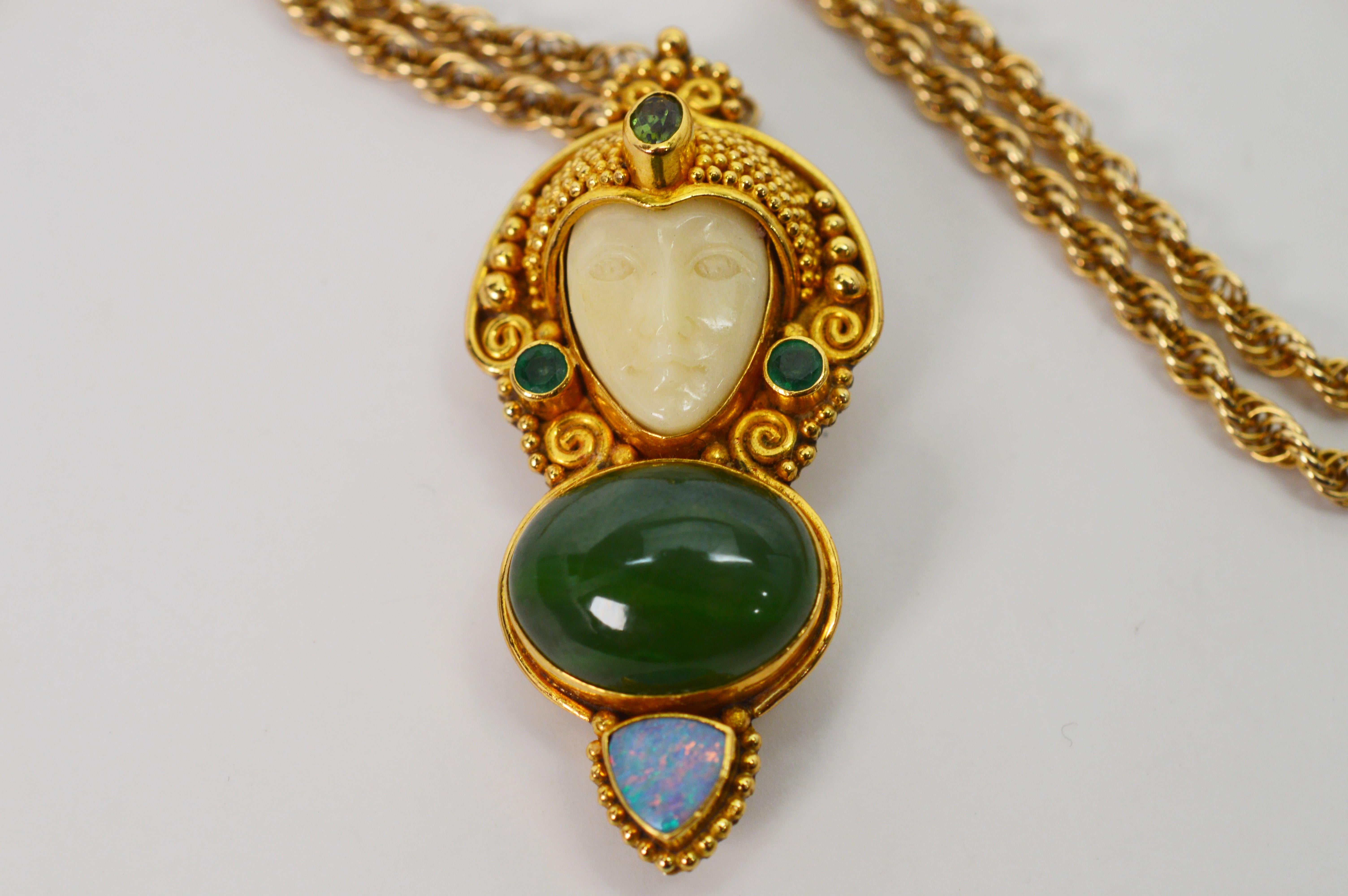 Jade, Opal, Emerald 14K Yellow Gold Exotic Princess Brooch Pendant Necklace 4