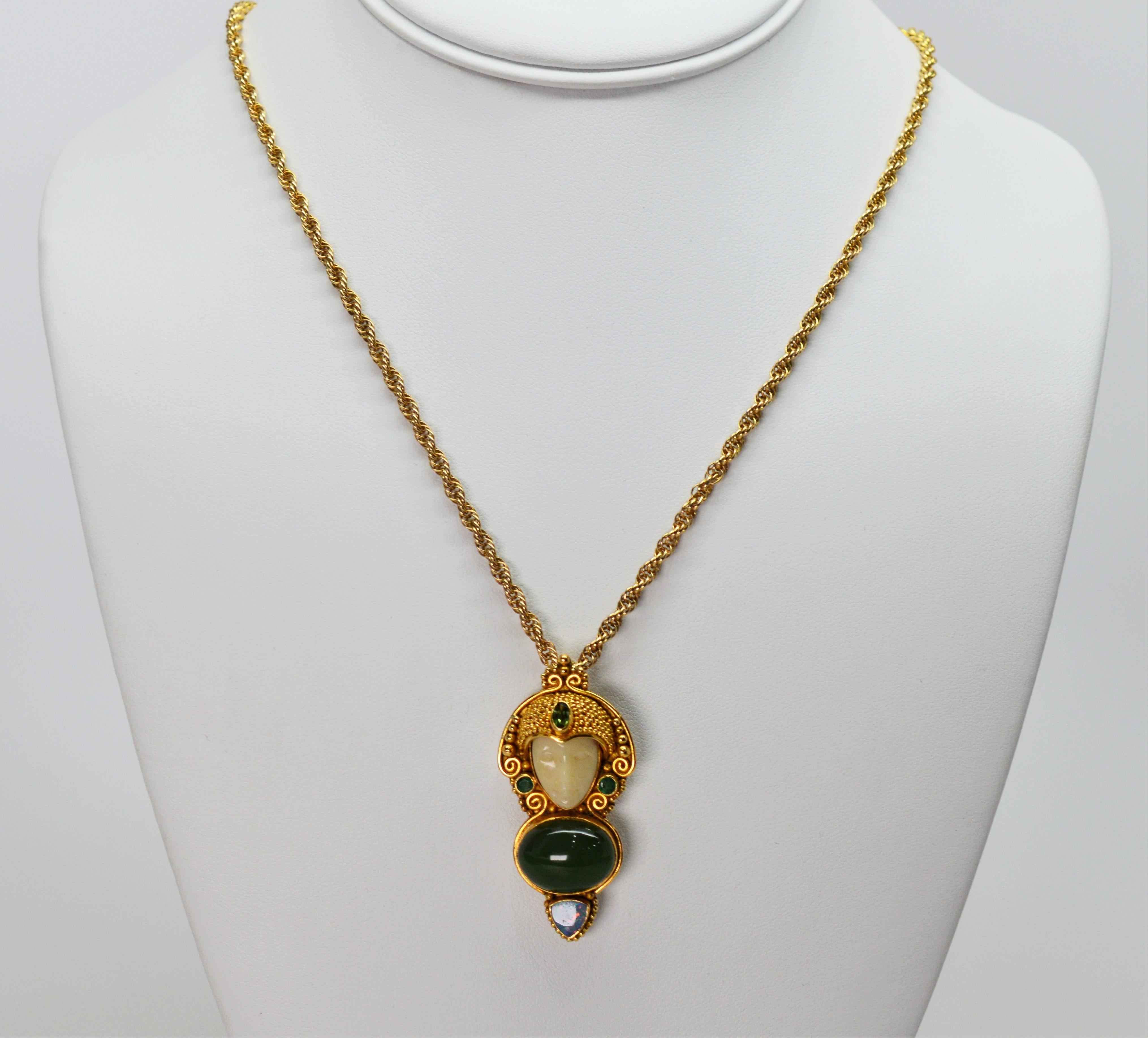 Mixed Cut Jade, Opal, Emerald 14K Yellow Gold Exotic Princess Brooch Pendant Necklace