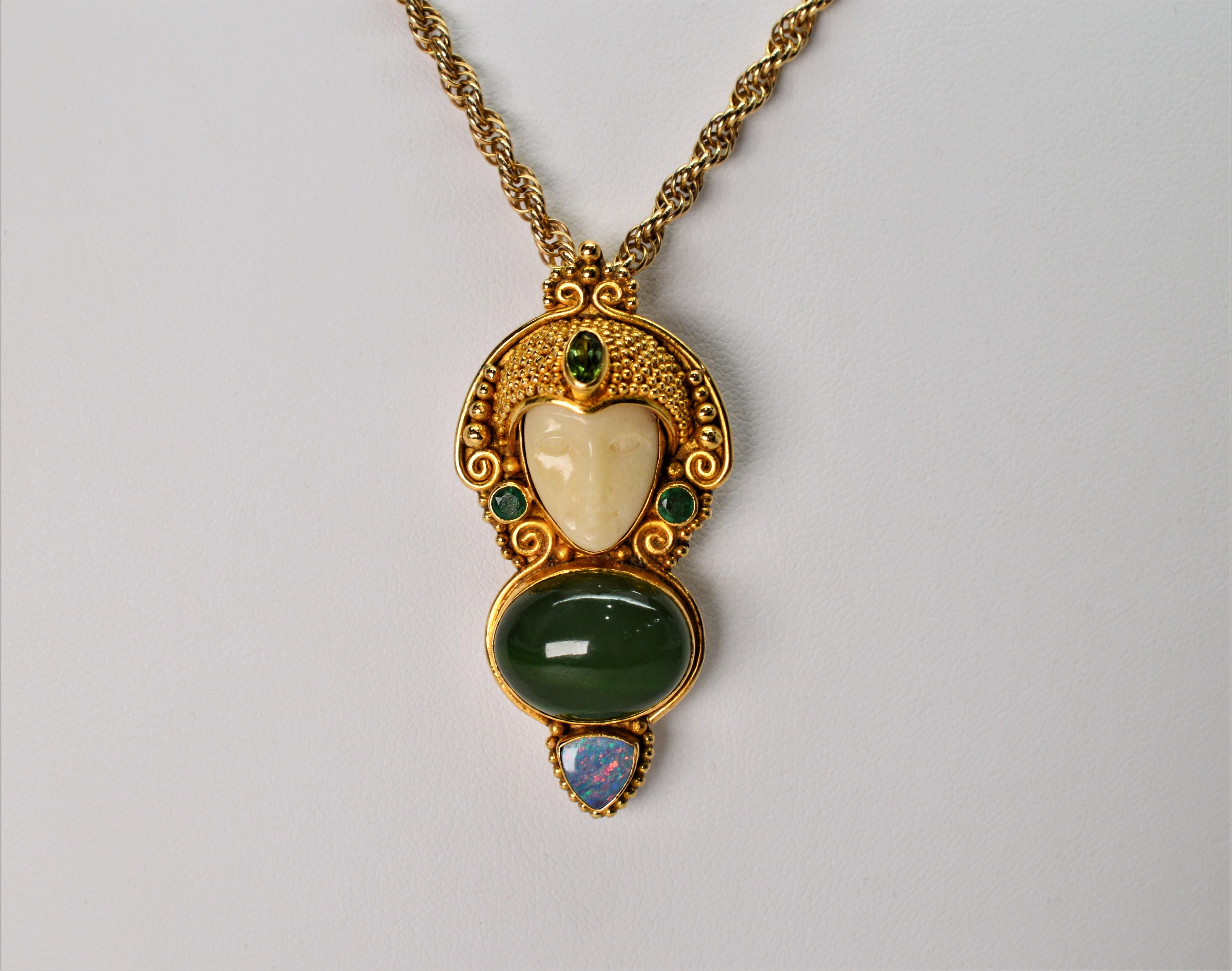Jade, Opal, Emerald 14K Yellow Gold Exotic Princess Brooch Pendant Necklace In Excellent Condition In Mount Kisco, NY