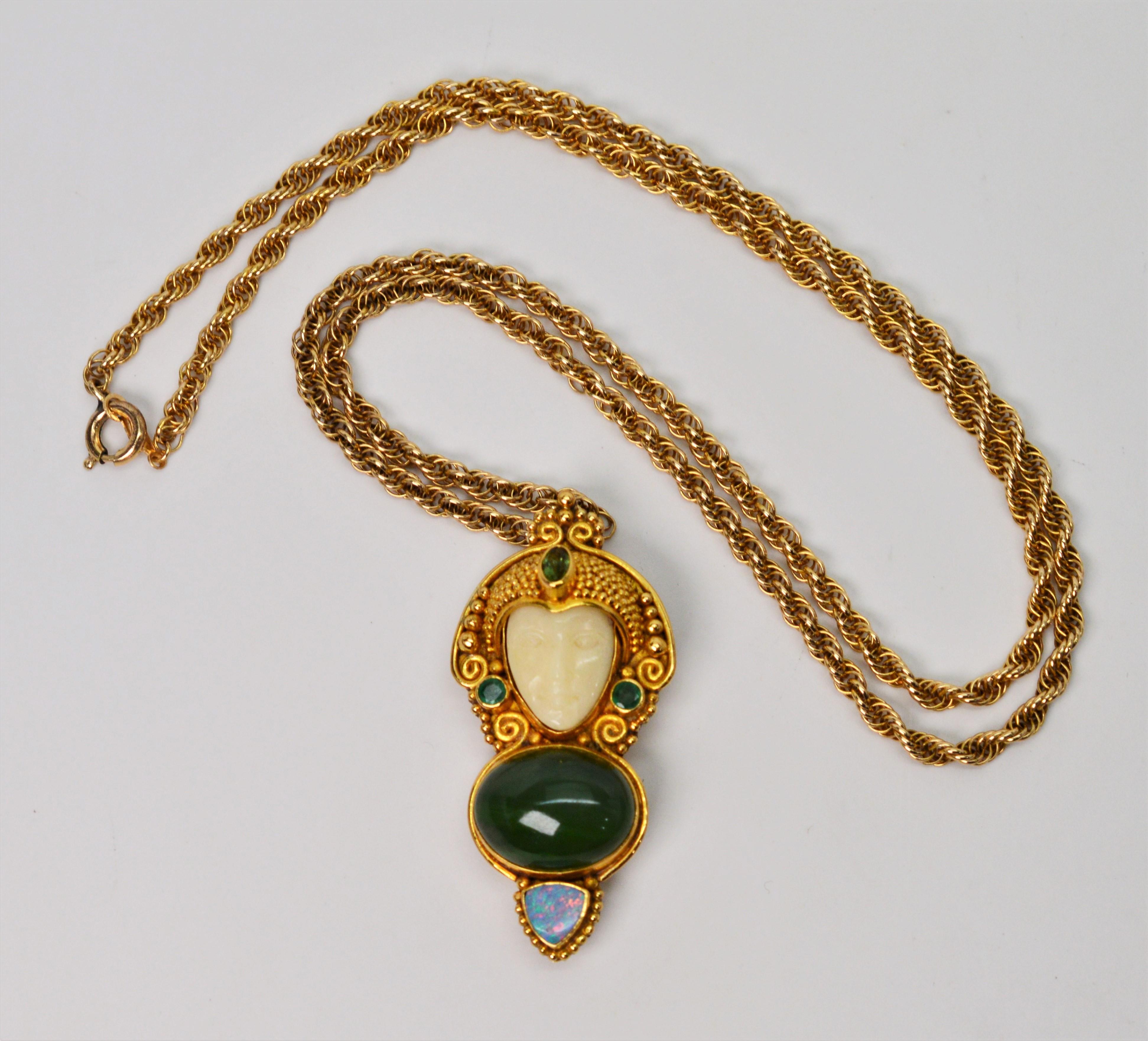 Women's Jade, Opal, Emerald 14K Yellow Gold Exotic Princess Brooch Pendant Necklace