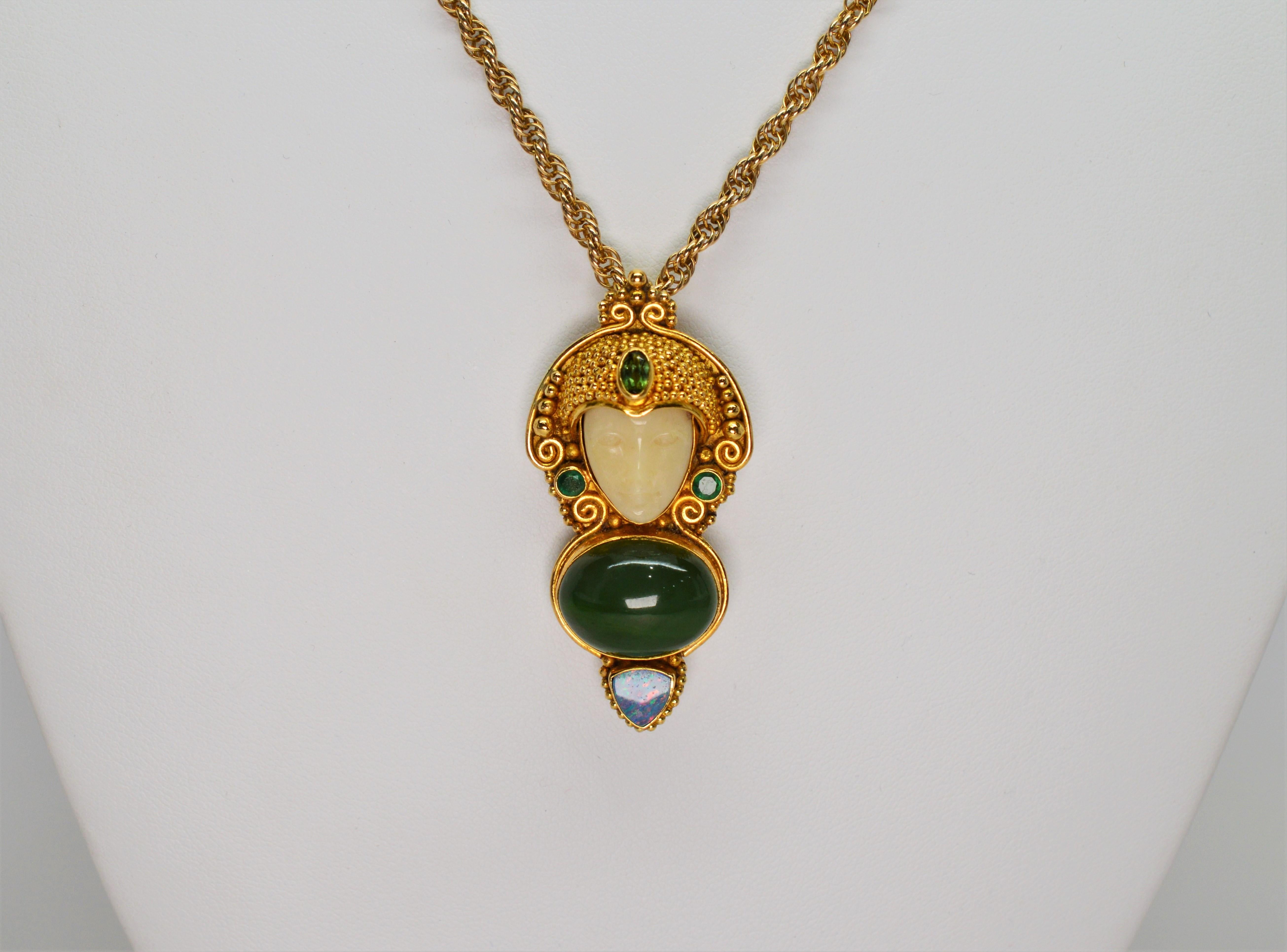 Jade, Opal, Emerald 14K Yellow Gold Exotic Princess Brooch Pendant Necklace 1