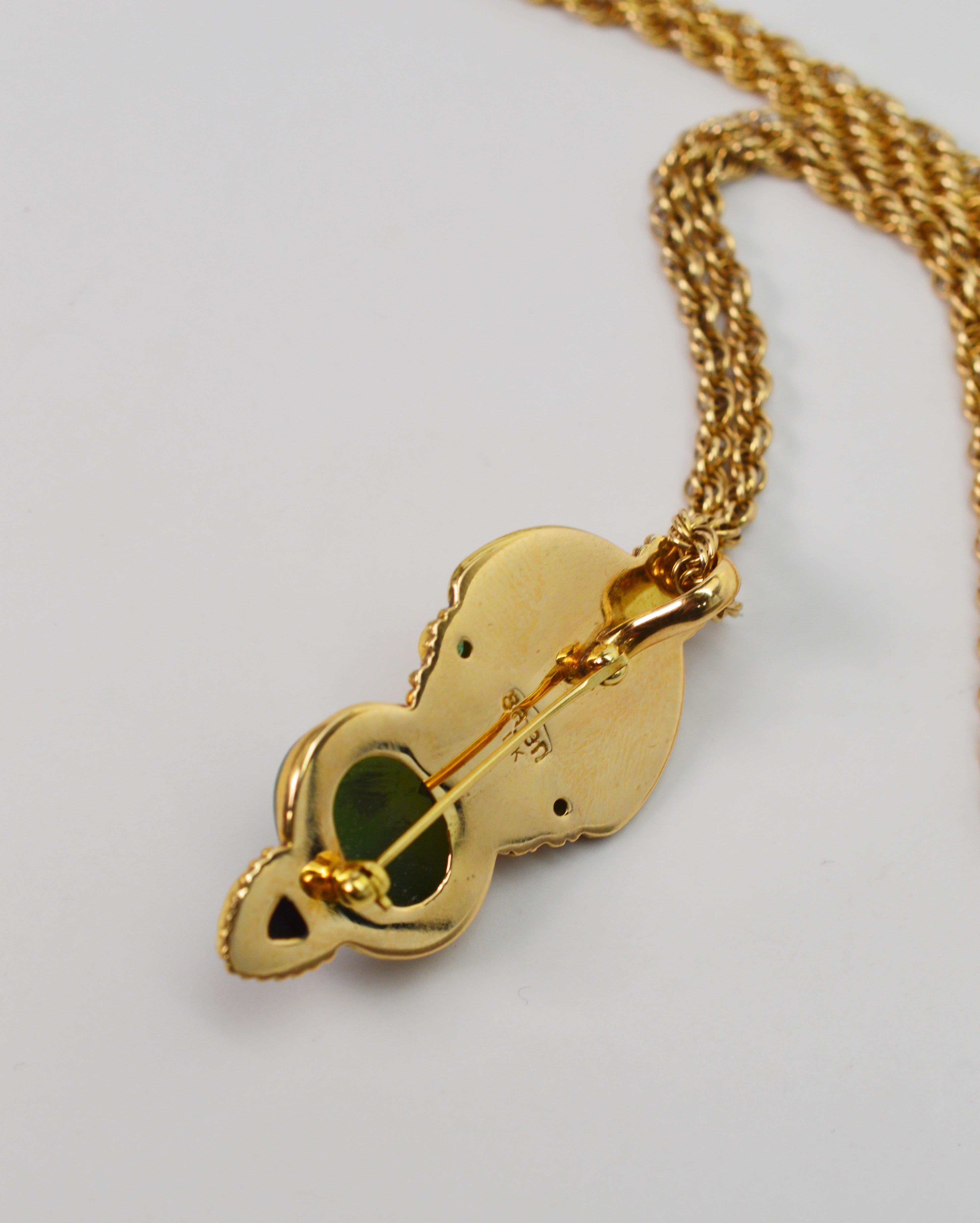 Jade, Opal, Emerald 14K Yellow Gold Exotic Princess Brooch Pendant Necklace 3