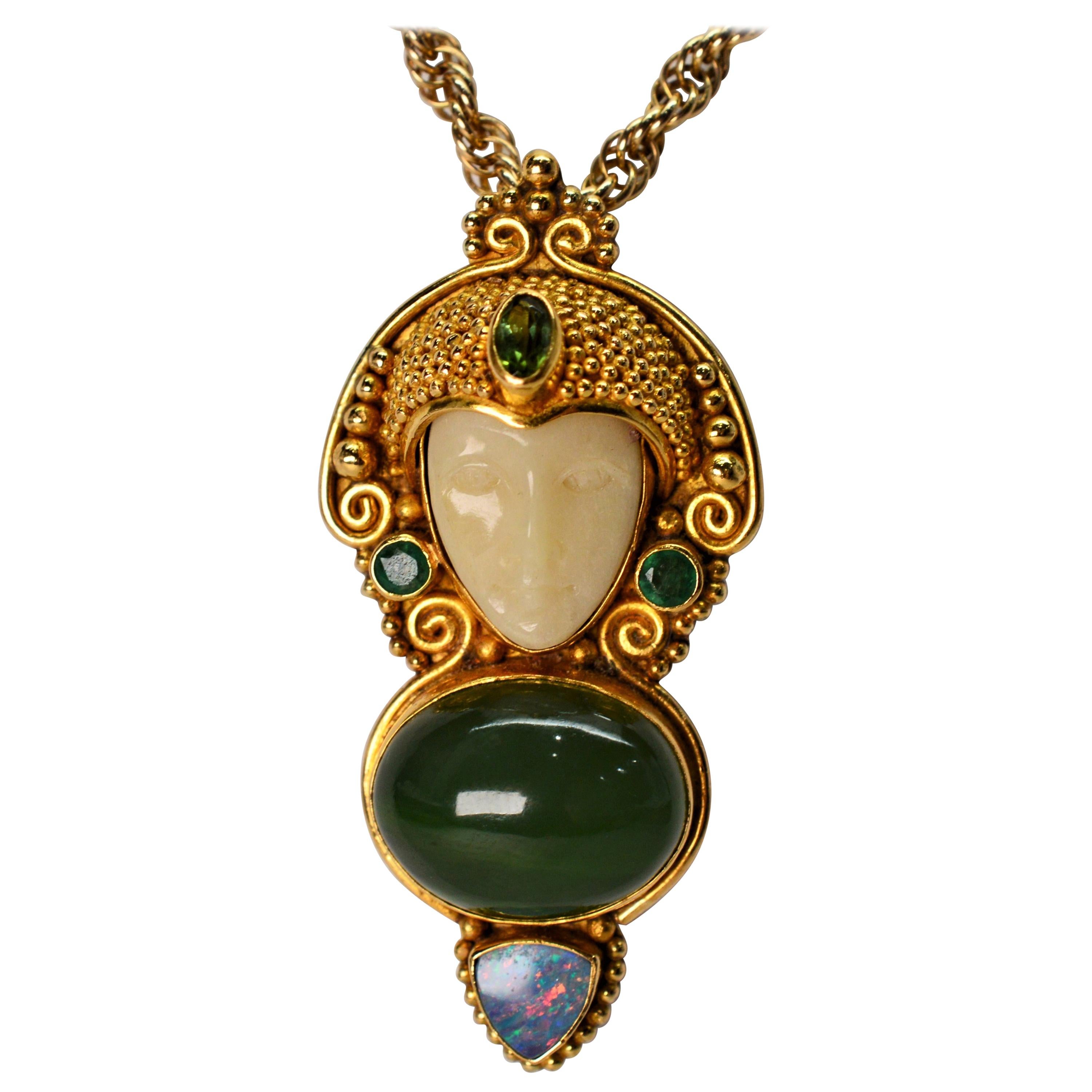 Jade, Opal, Emerald 14K Yellow Gold Exotic Princess Brooch Pendant Necklace