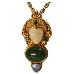 Jade, Opal, Emerald 14K Yellow Gold Exotic Princess Brooch Pendant Necklace