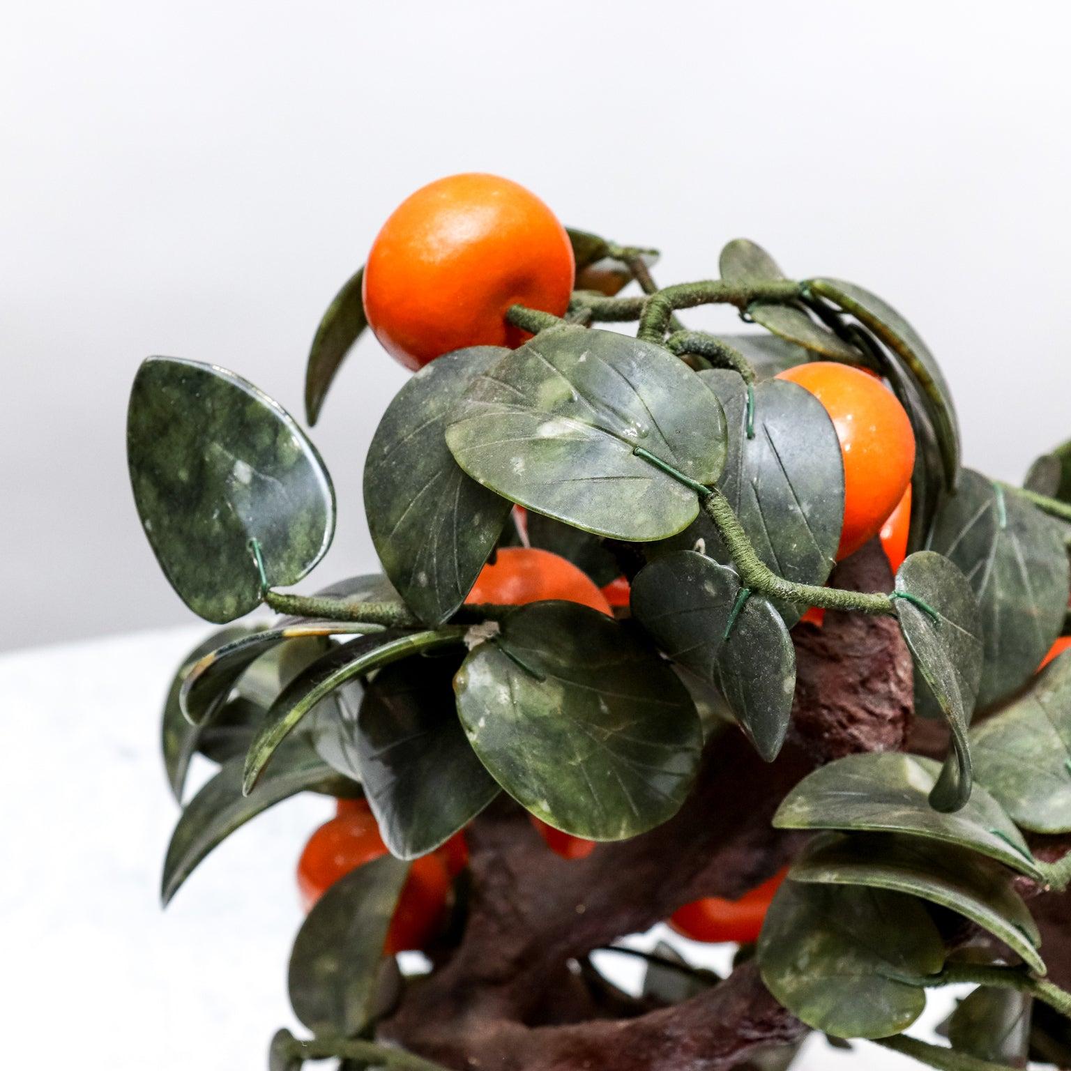 Chinese Mandarin orange Bonsai tree form sculpture in rectangular hardstone planter from the mid-20th Century. Please note wear consistent with age.
 
