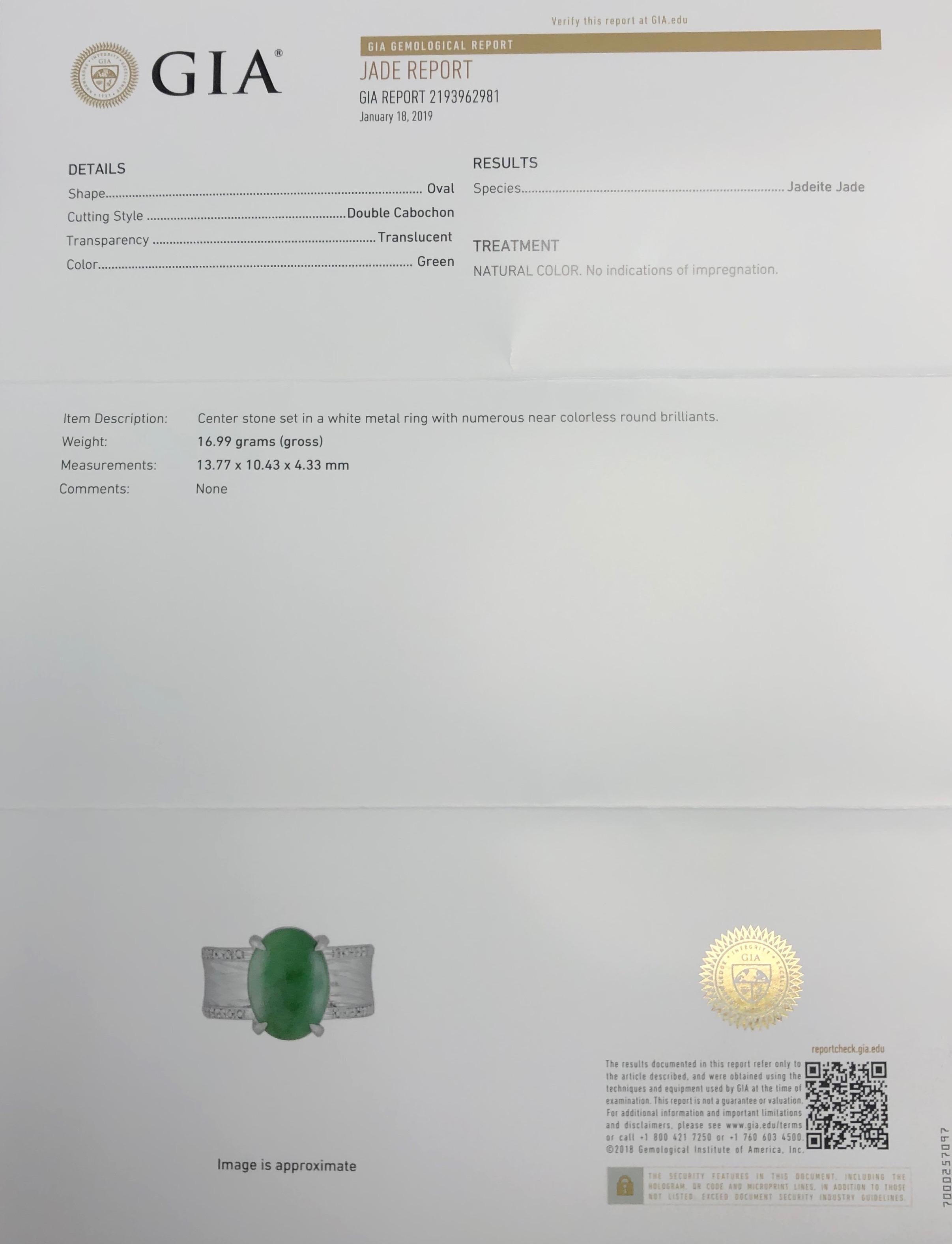 Jade Oval Cabochon Diamond Platinum Unisex Ring In Excellent Condition In Miami, FL