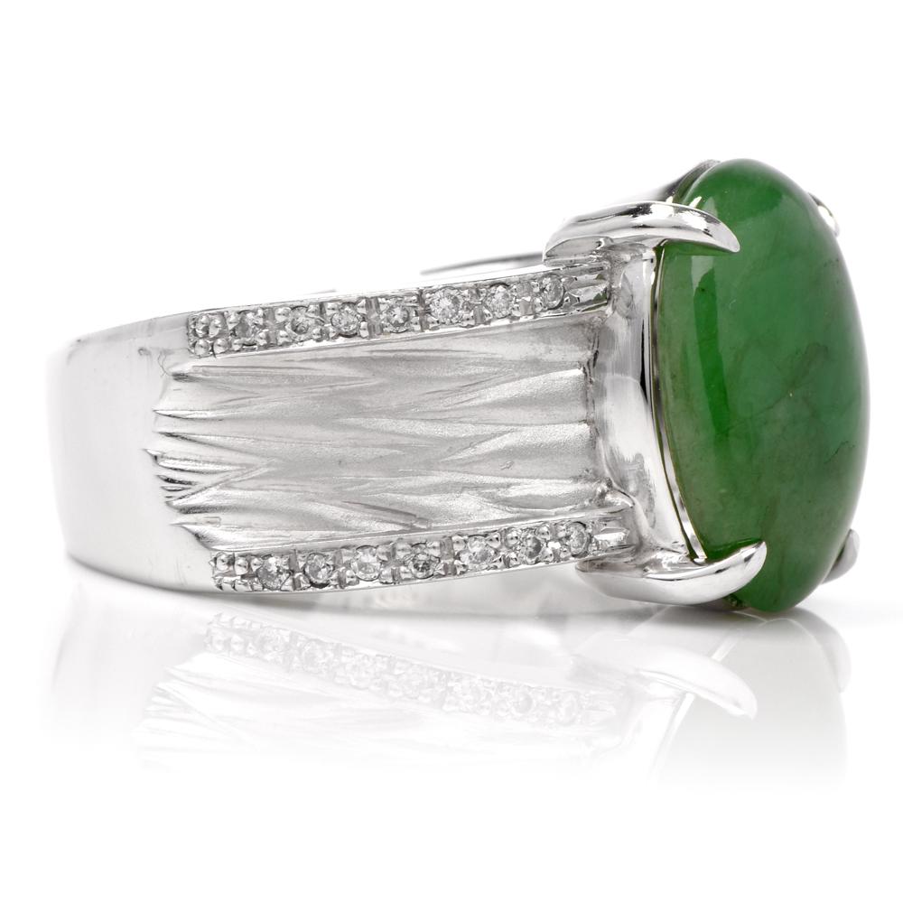 Jade Oval Cabochon Diamond Platinum Unisex Ring 1