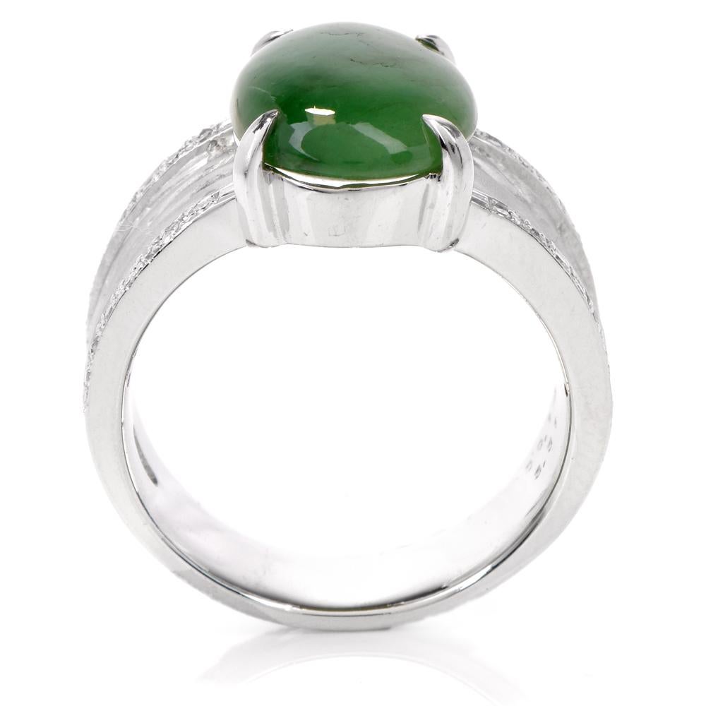 Jade Oval Cabochon Diamond Platinum Unisex Ring 4