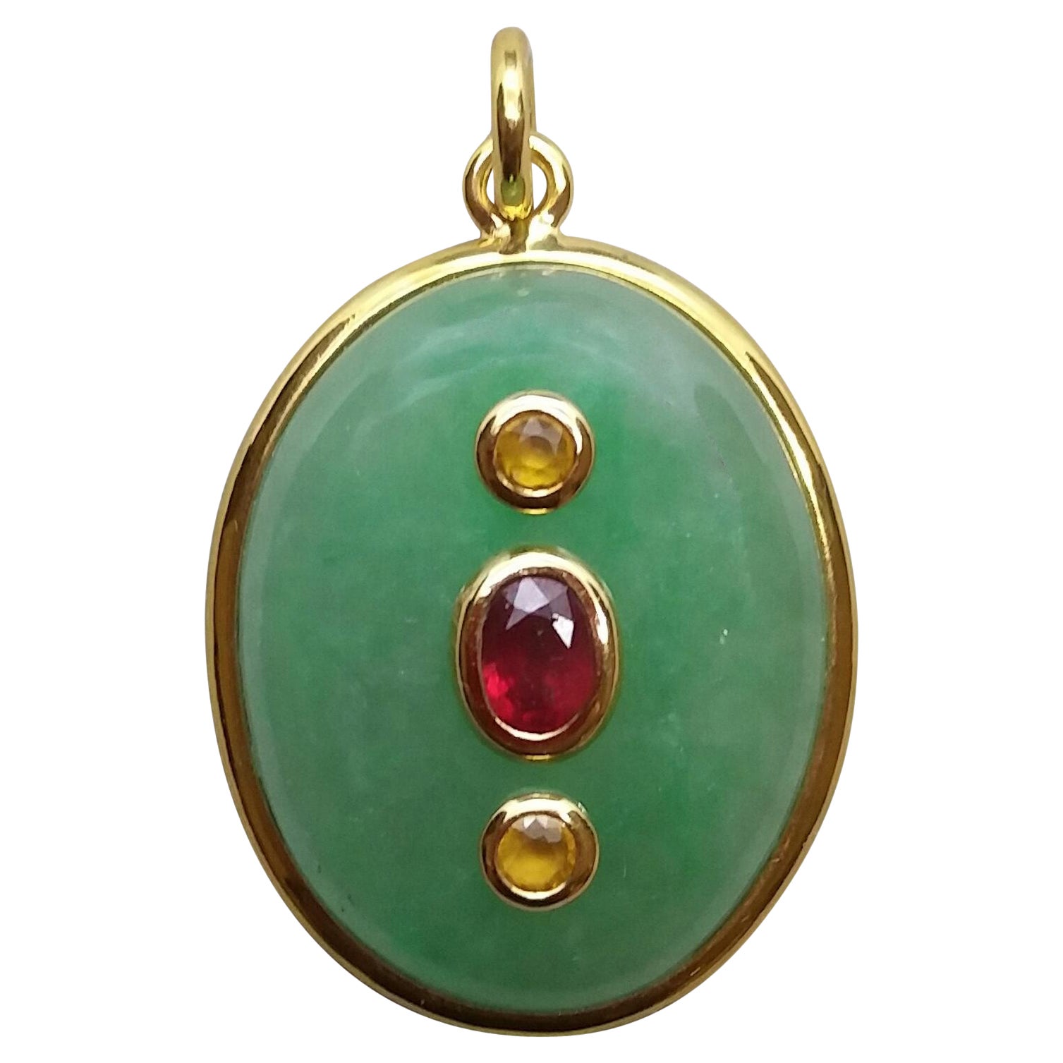 Jade Oval Cabochon Oval Faceted Ruby Yellow Sapphire 18 Kt Yellow Gold Pendant