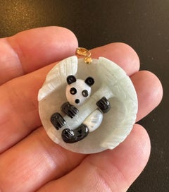 Jade Panda Bear Pendant 14K Gold Black Onyx Mother-of-Pearl Necklace