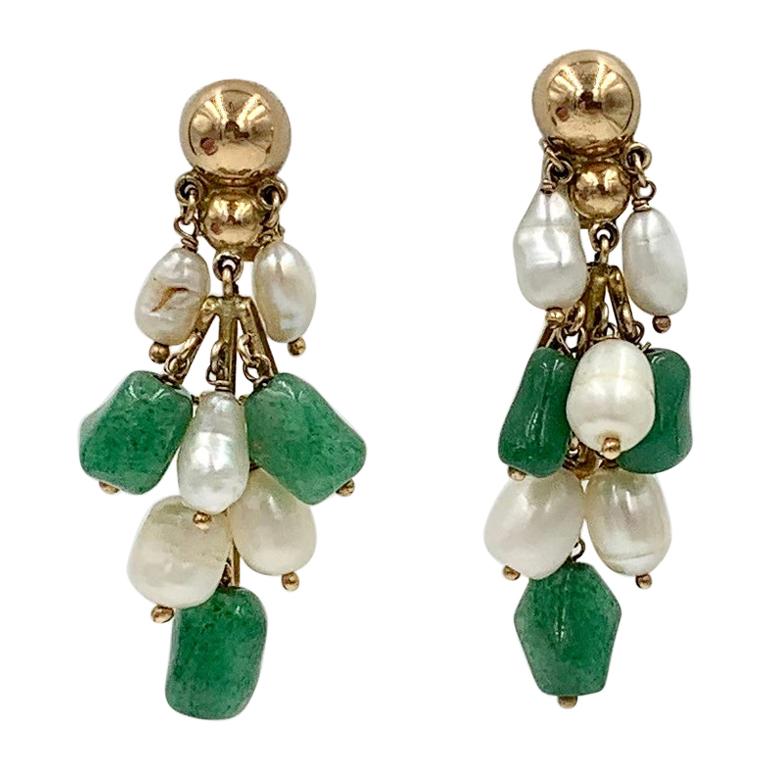 Jade Pearl 14 Karat Gold Dangle Drop Earrings Retro For Sale at 1stDibs
