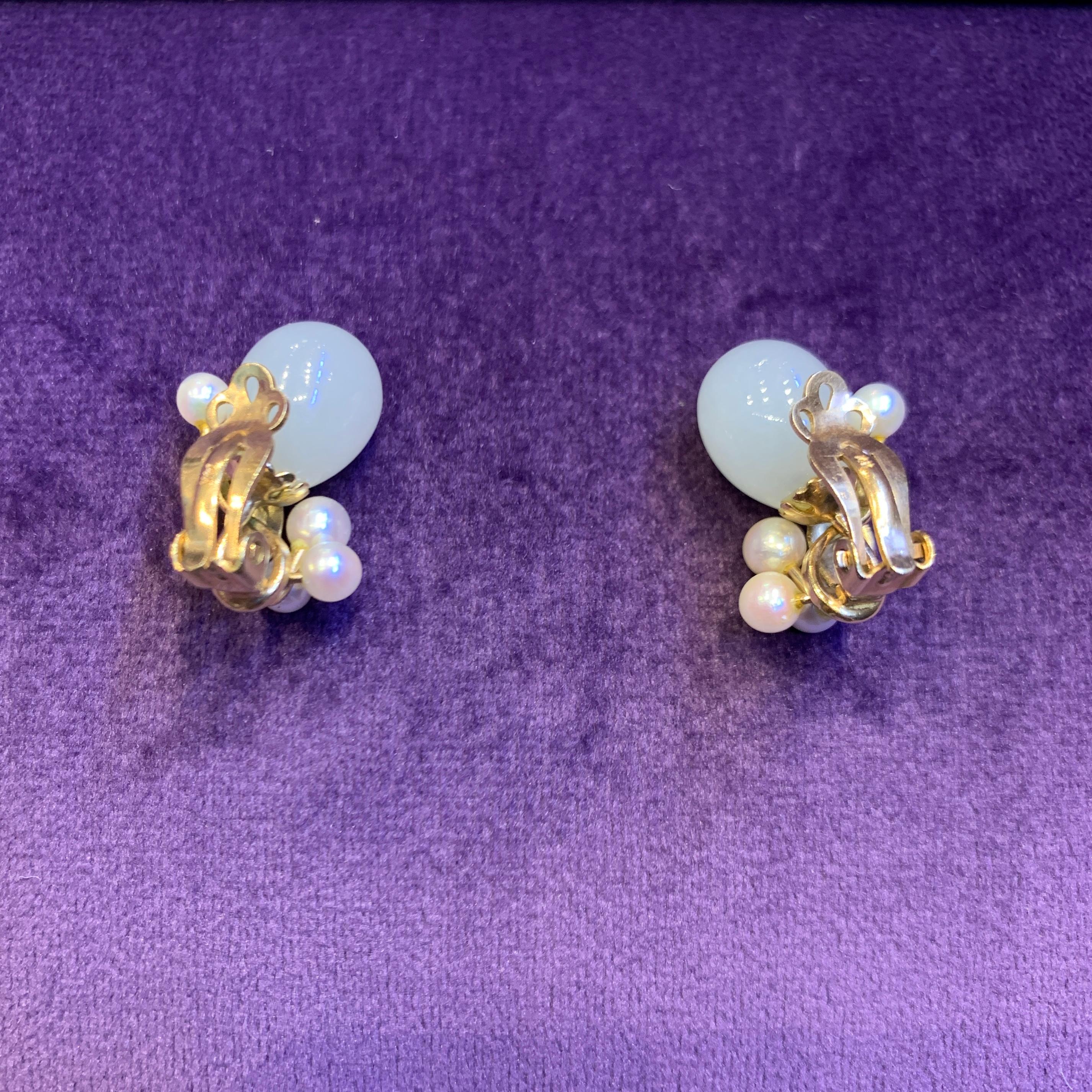 Cabochon Jade & Pearl Earrings  For Sale