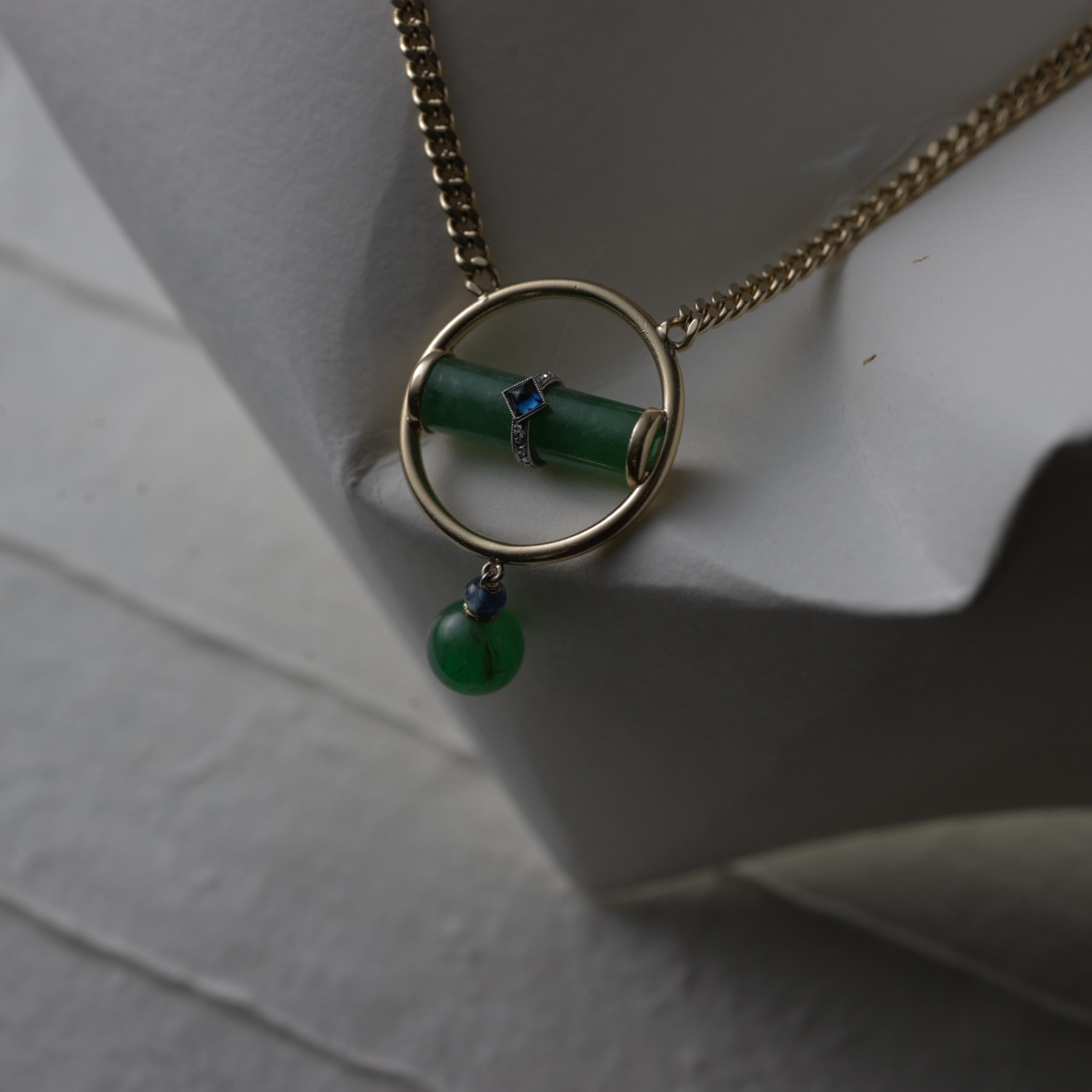 Jade Pendant Apple Green & Blue Sapphire Certified Untreated Midcentury 21