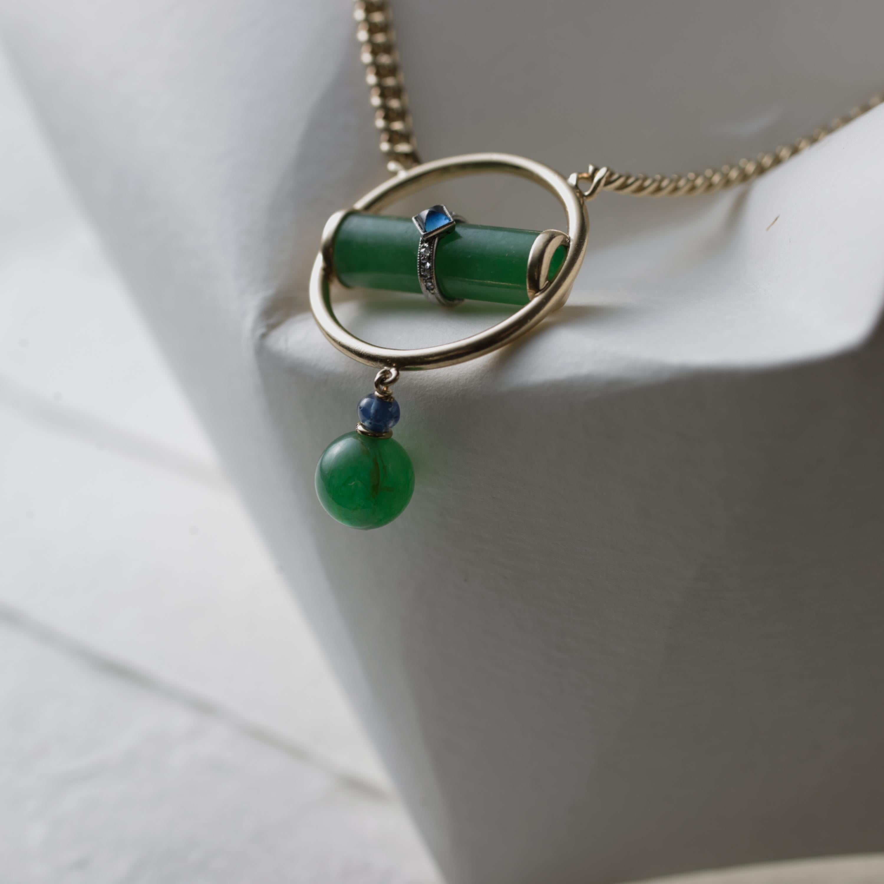 Jade Pendant Apple Green & Blue Sapphire Certified Untreated Midcentury 21