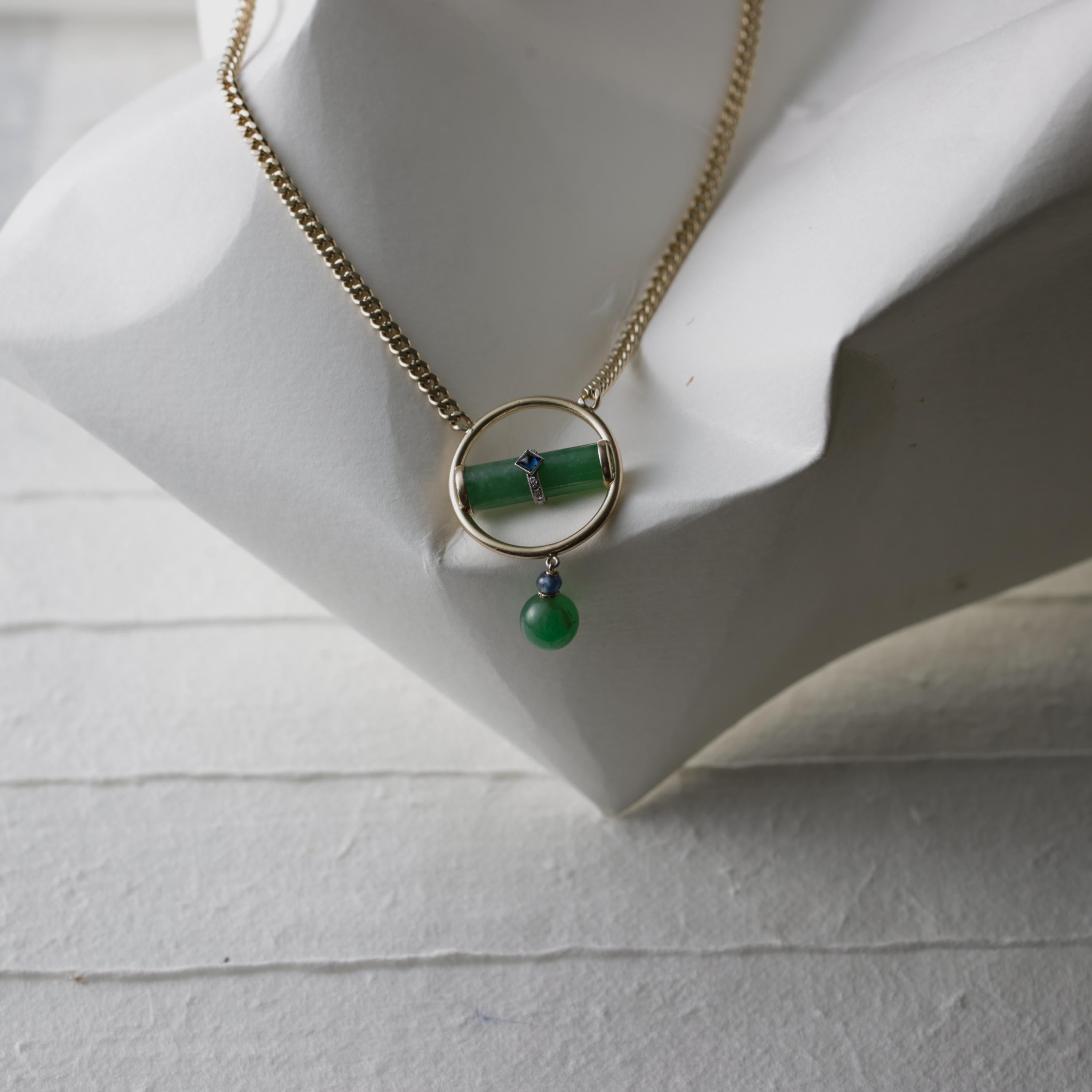 Jade Pendant Apple Green & Blue Sapphire Certified Untreated Midcentury 21