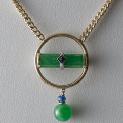 Jade Pendant Apple Green & Blue Sapphire Certified Untreated Midcentury 21"