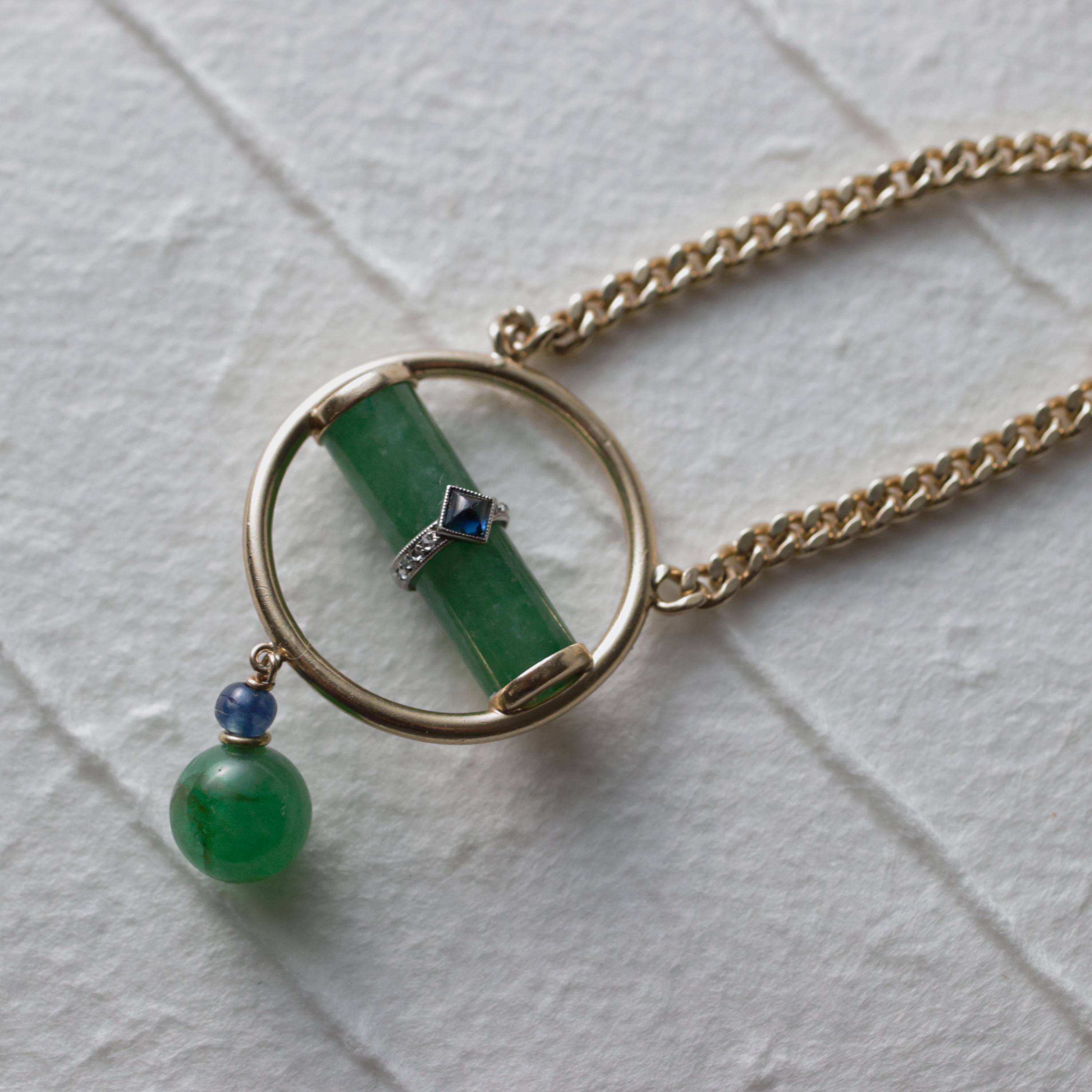 Artisan Jade Pendant Apple Green & Blue Sapphire Certified Untreated Midcentury 21