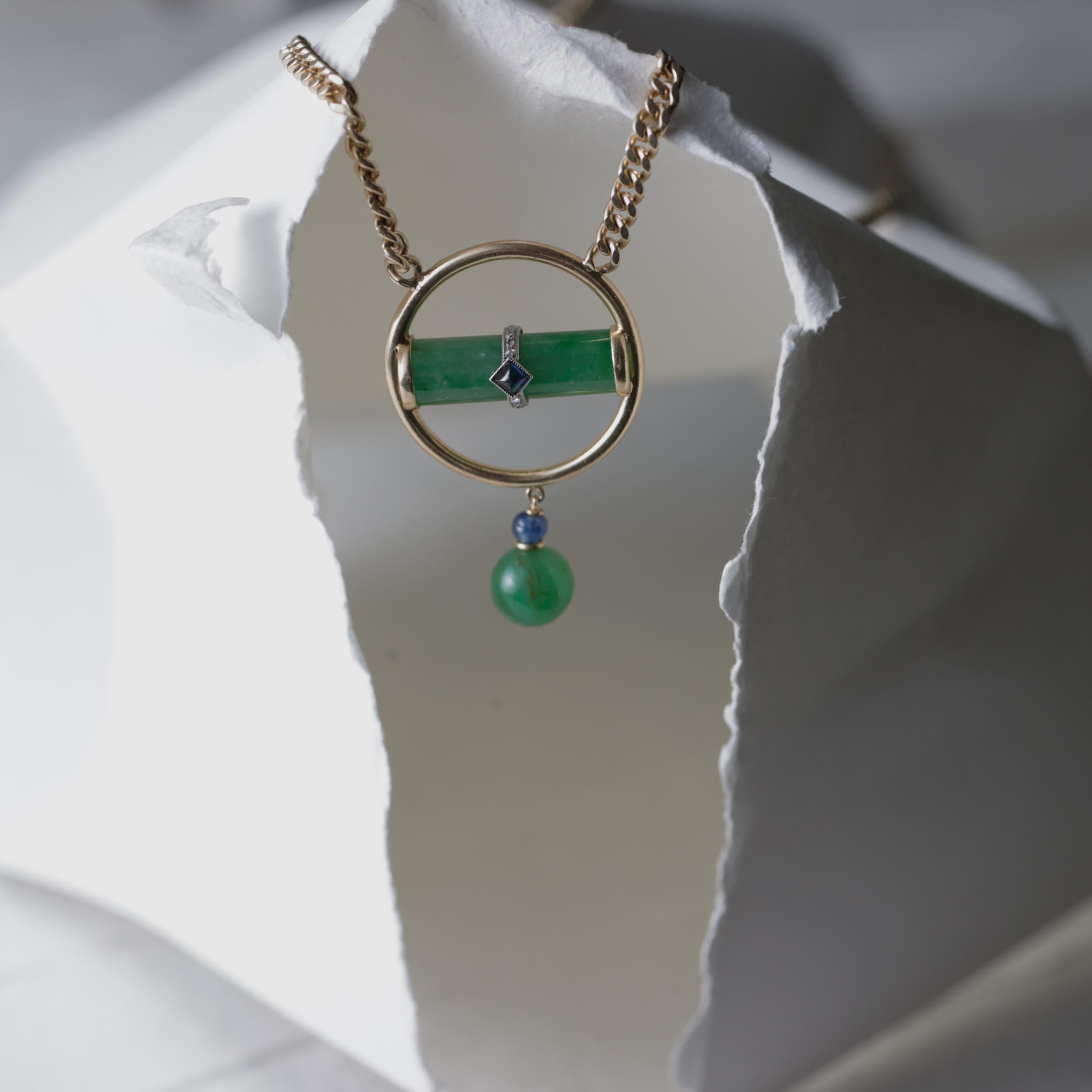 Jade Pendant Apple Green & Blue Sapphire Certified Untreated Midcentury 21