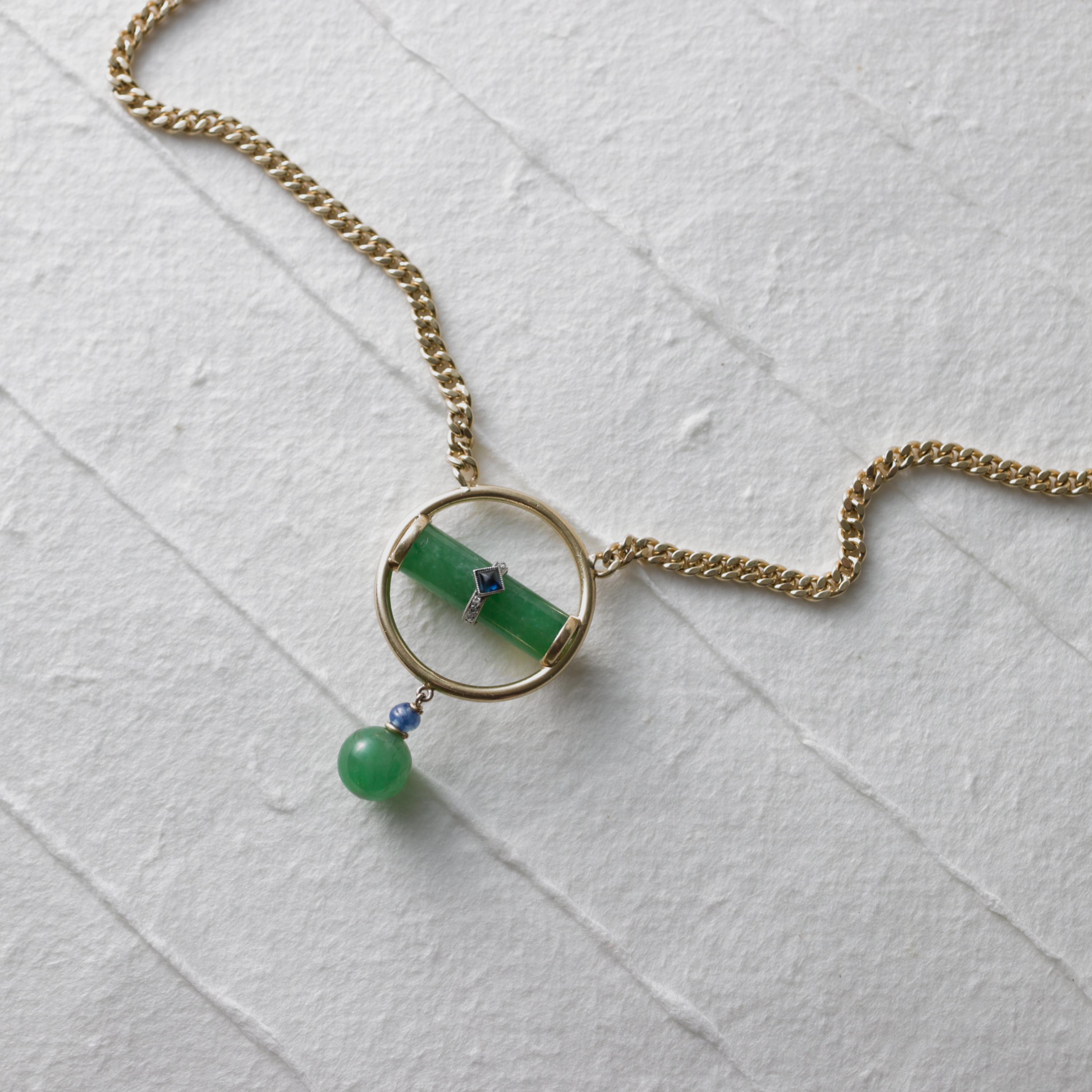 Jade Pendant Apple Green & Blue Sapphire Certified Untreated Midcentury 21