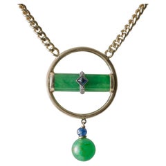 Jade Pendant Apple Green & Blue Sapphire Certified Untreated Midcentury 21"
