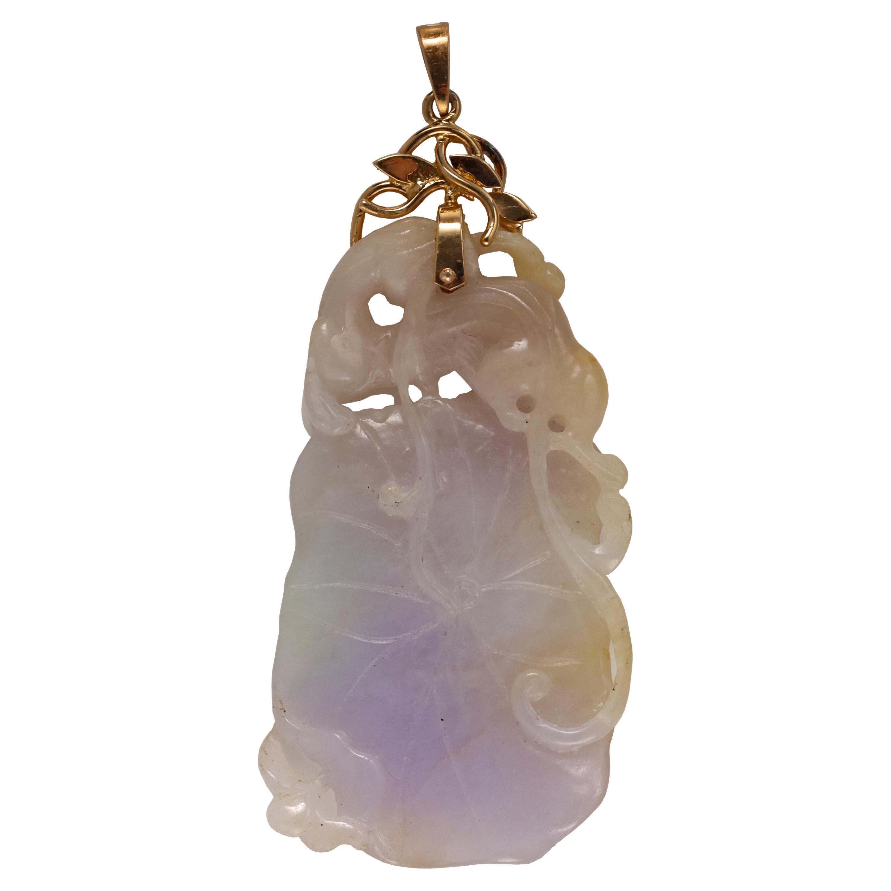 Jade Pendant Carved Translucent Lavender Squash Blossom Pendant Certified  For Sale