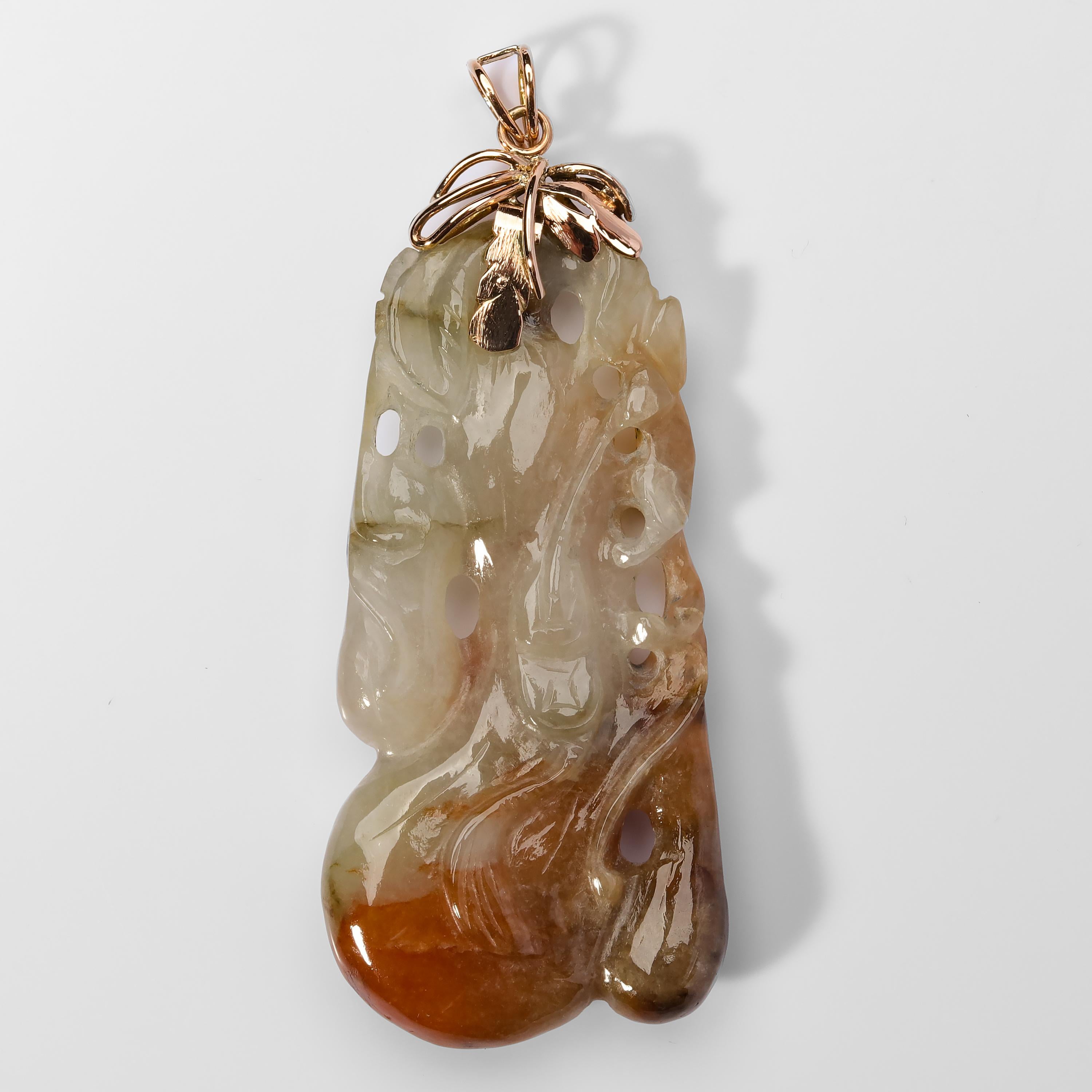 Measuring 55.7mm tall by 27.35mm wide, this Retro-era multicolor natural Burmese jadeite pendant hand-carved to depict a gourd. In Chinese culture, gourds have greater significance than people in Western society attribute to them. In China, gourds