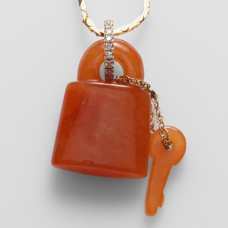 Jade Pendant Red Jadeite Lock and Key Certified Untreated For Sale at ...