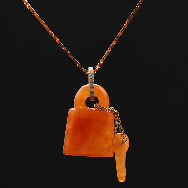 Jade Pendant Red Jadeite Lock and Key Certified Untreated For Sale at ...