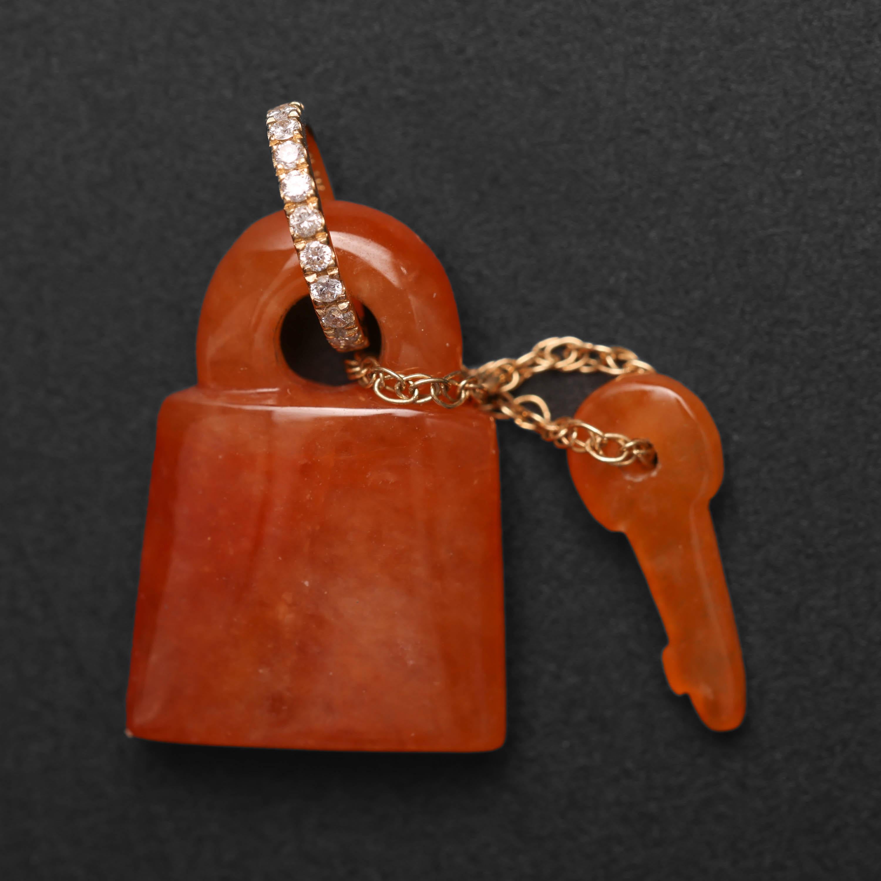 Artisan Jade Pendant Red Jadeite Lock & Key Certified Untreated For Sale
