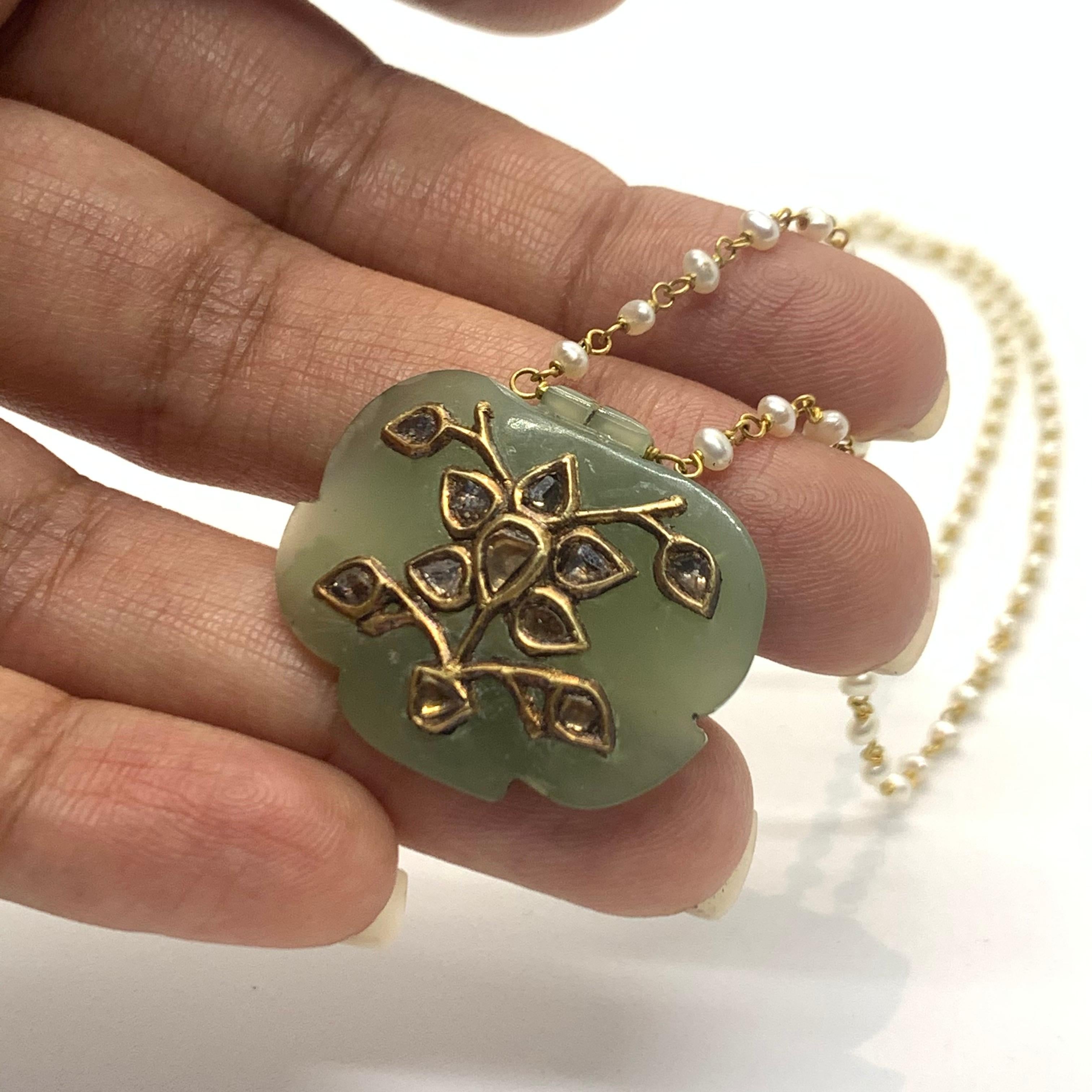Cabochon Jade Pendant Studded with Diamonds Strung in a Chain with Pearls and 18K Gold